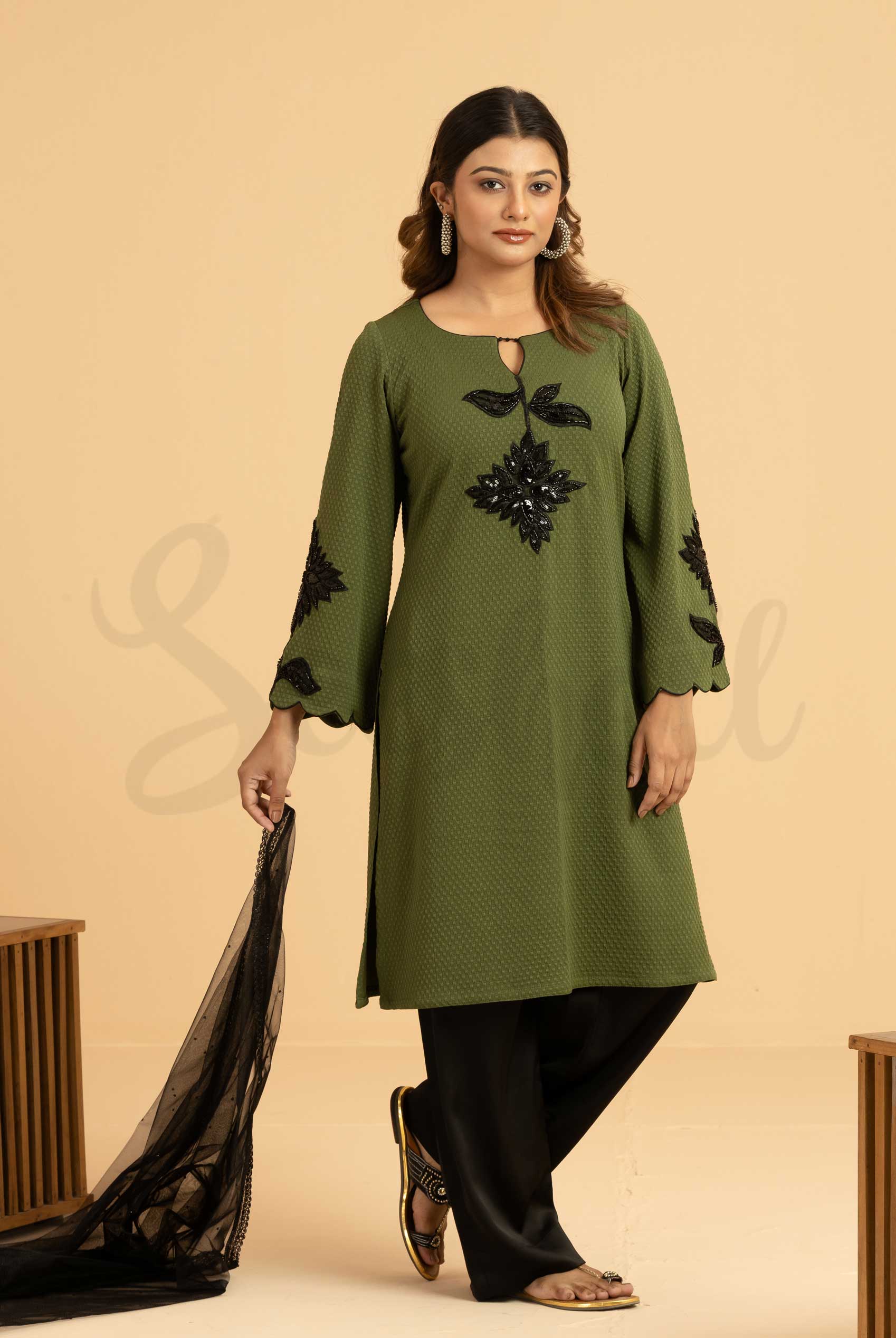 Sage Green Farsi Three Piece Set with Lace Applique