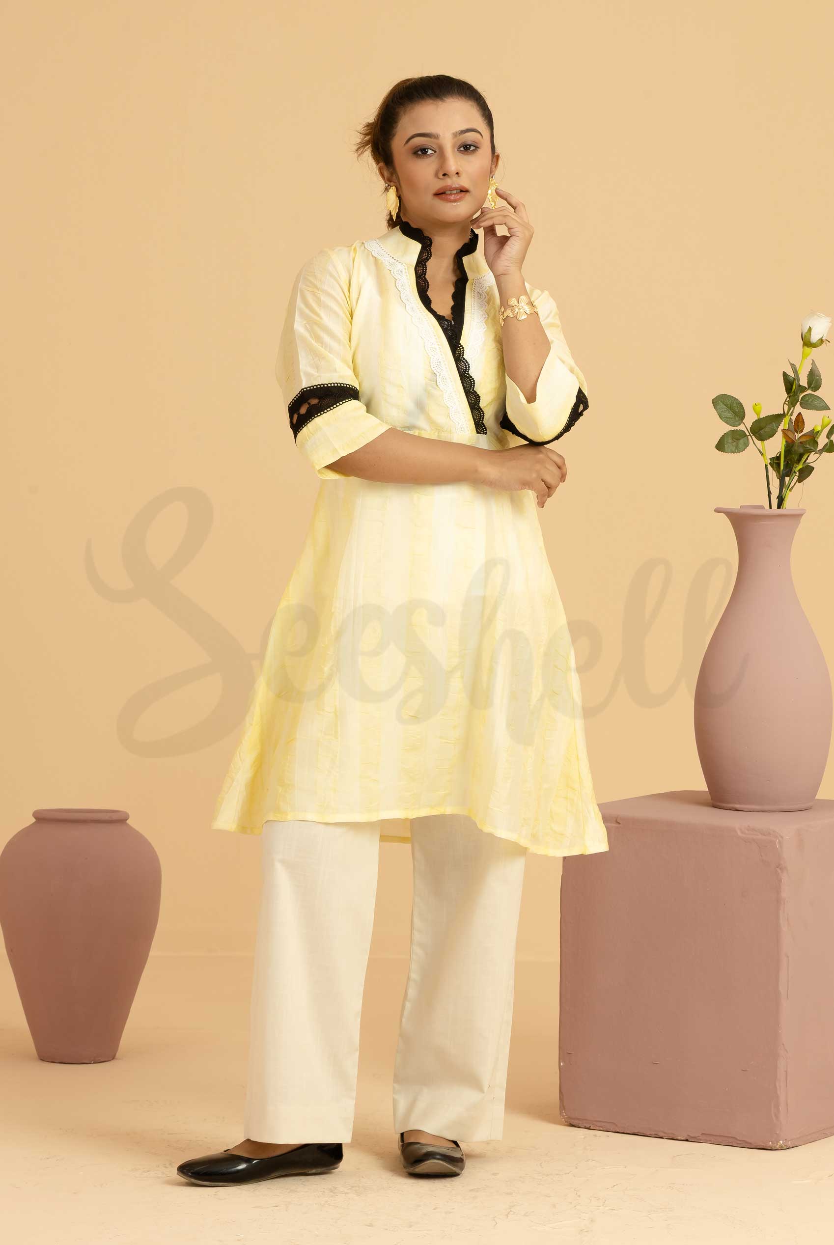 Pale Yellow Casual Co-ord Set With Lace Embelishment