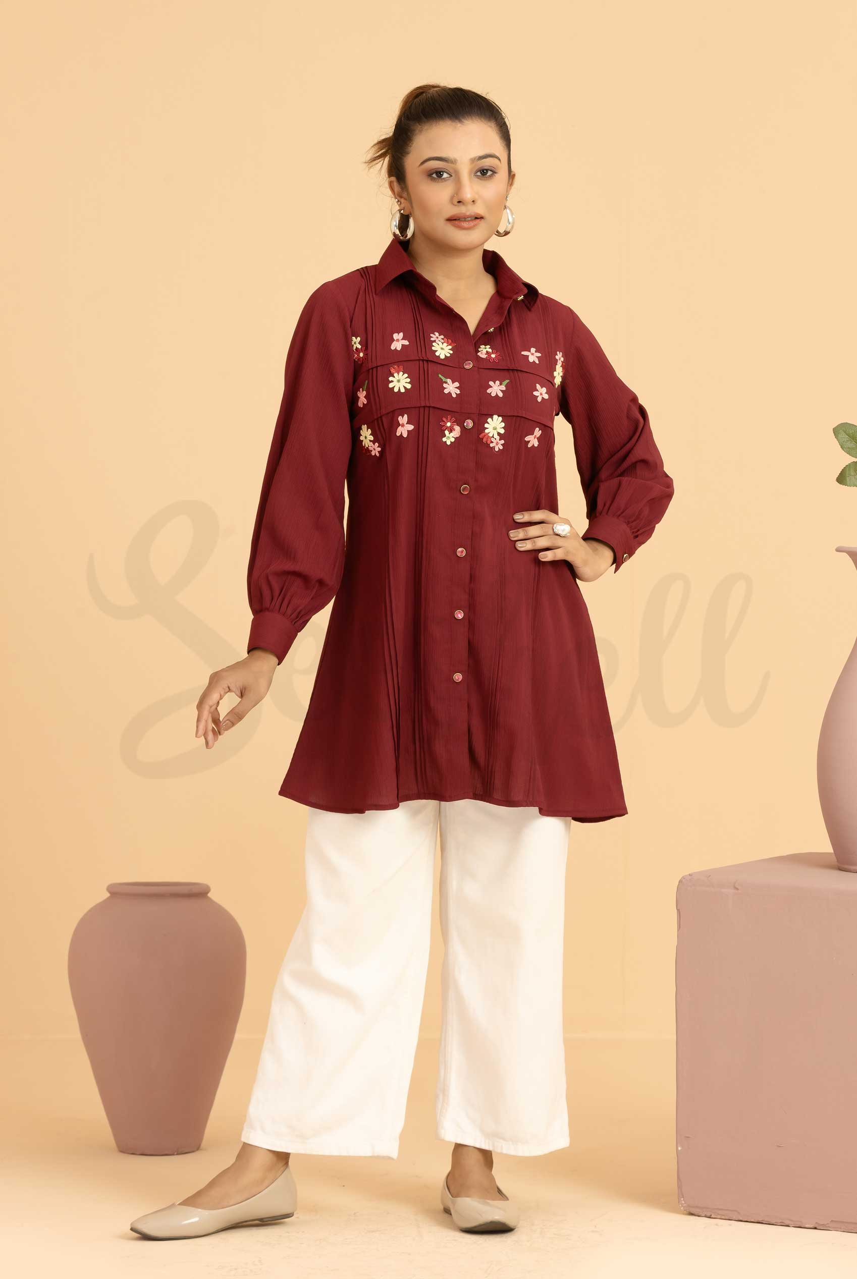 Burgundy Blended Silk Top with Lace Applique