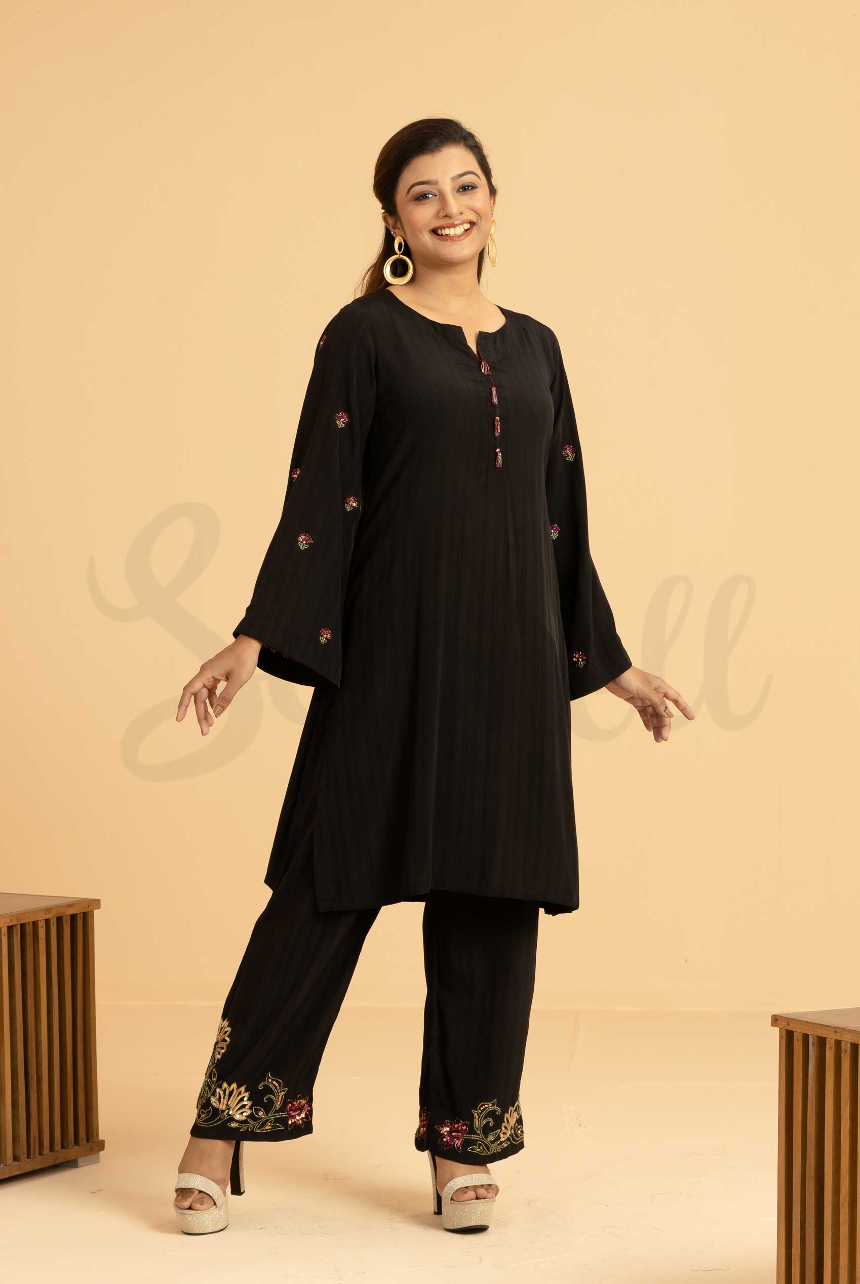 Black zardosi work semi casual two pcs dress