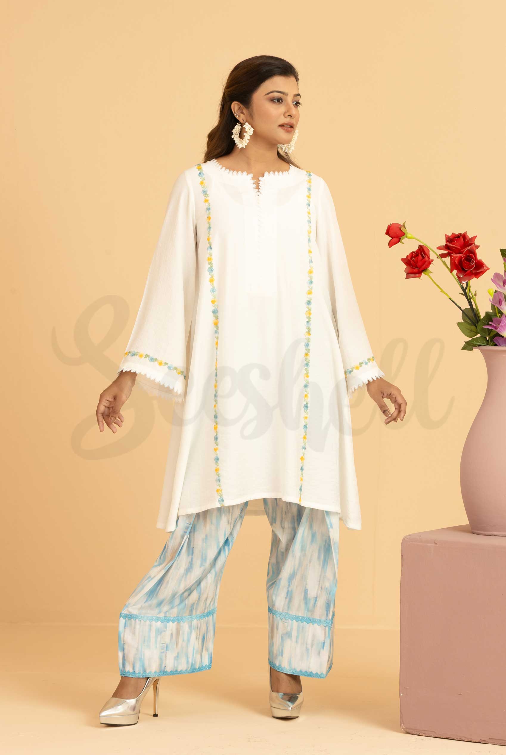 White and blue contrast lace work  Co-ords