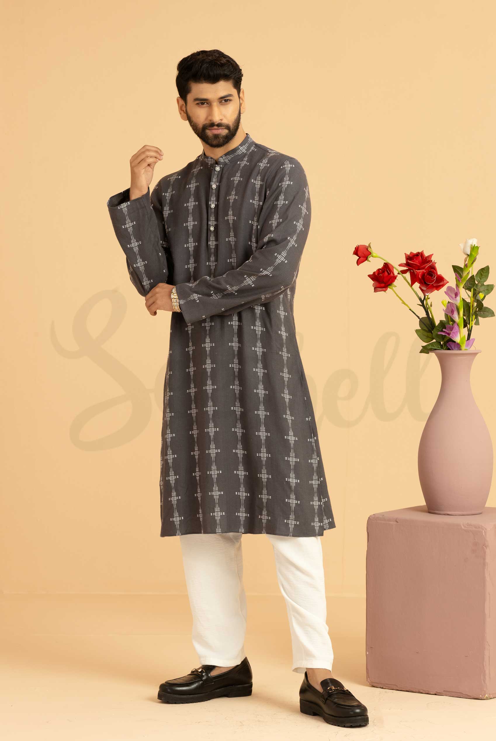 Dark gray Hand Embroidery panjabi