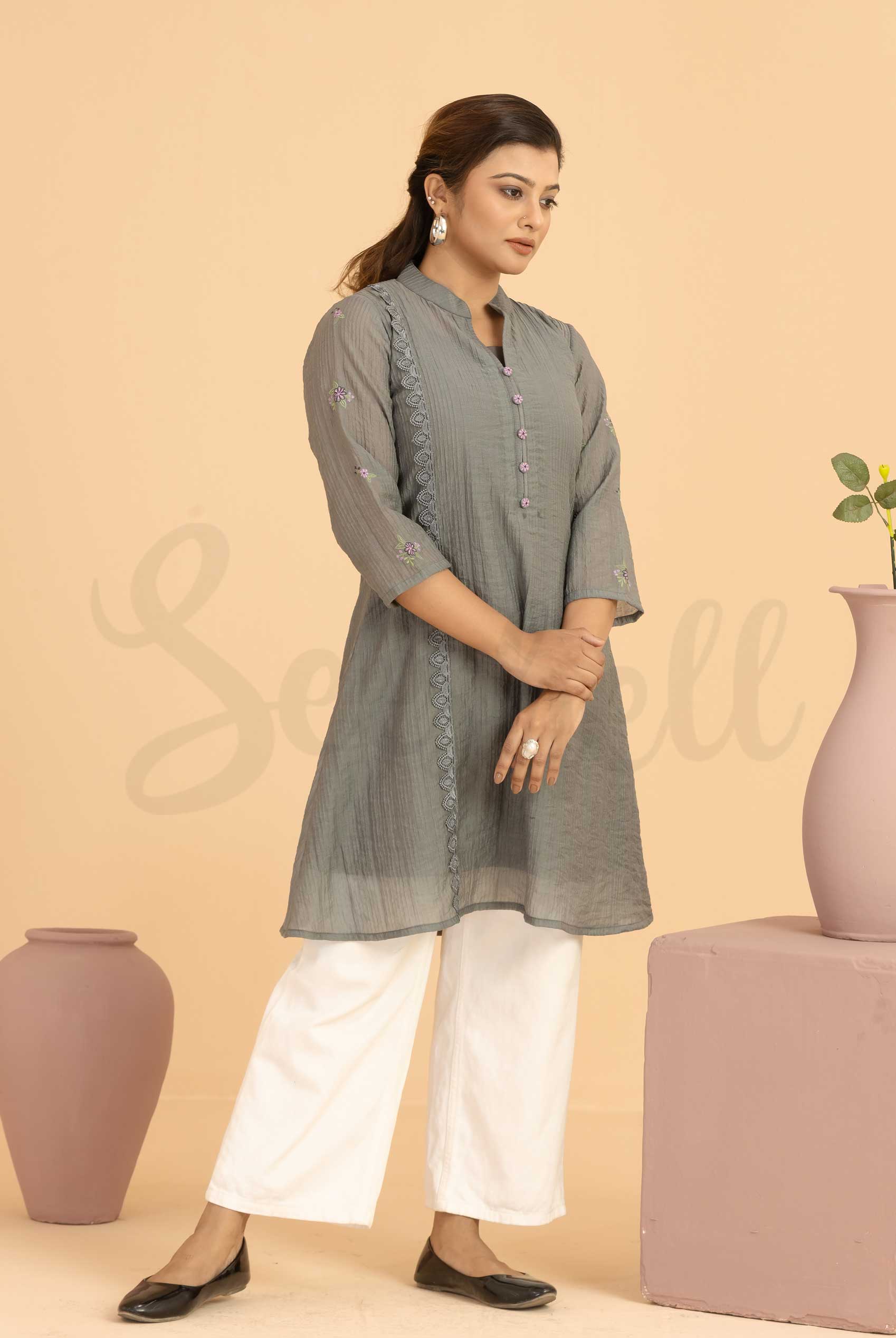 Gray embroidery work Semi casual one piece dress