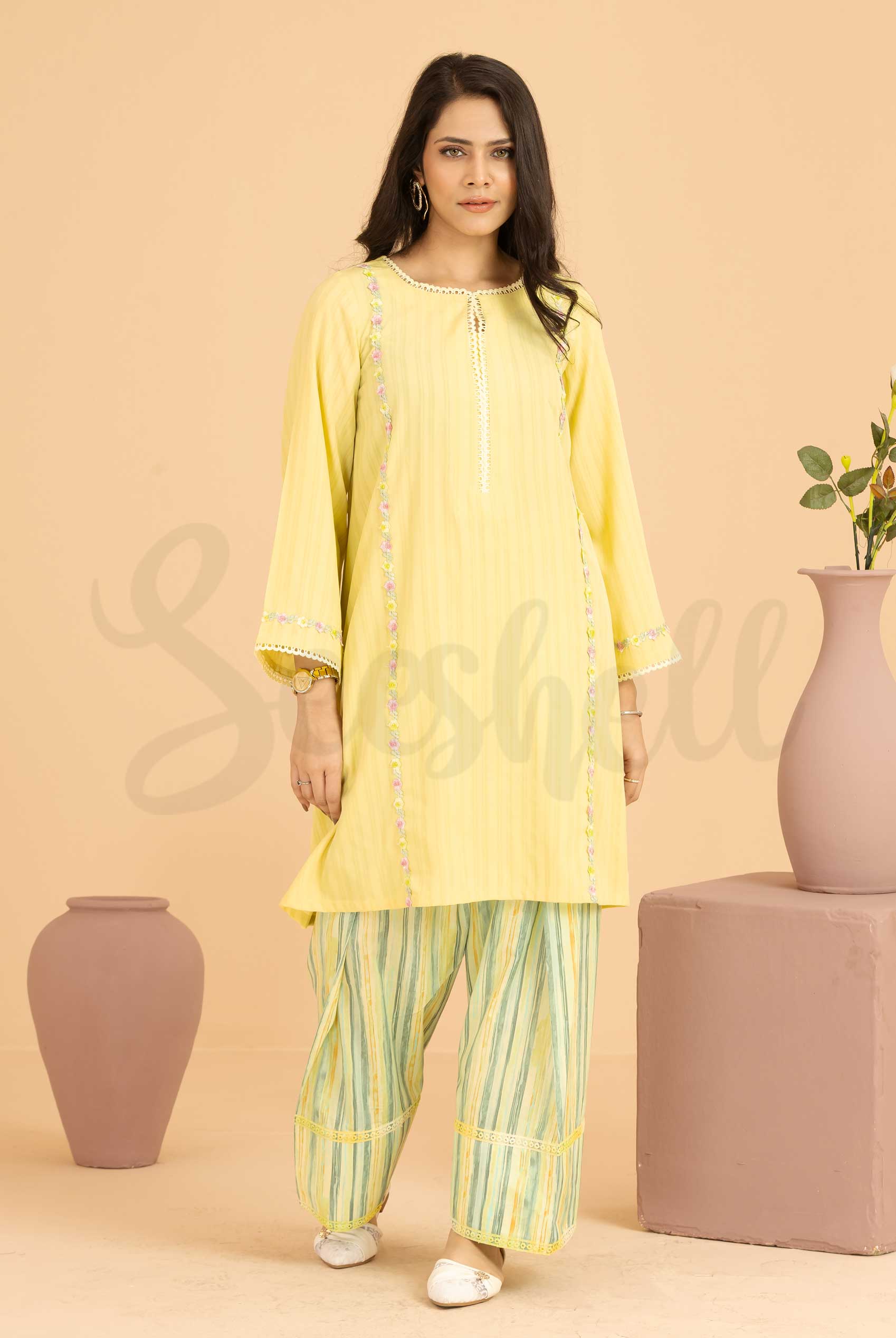Yellow and green contrast lace work Co-ords