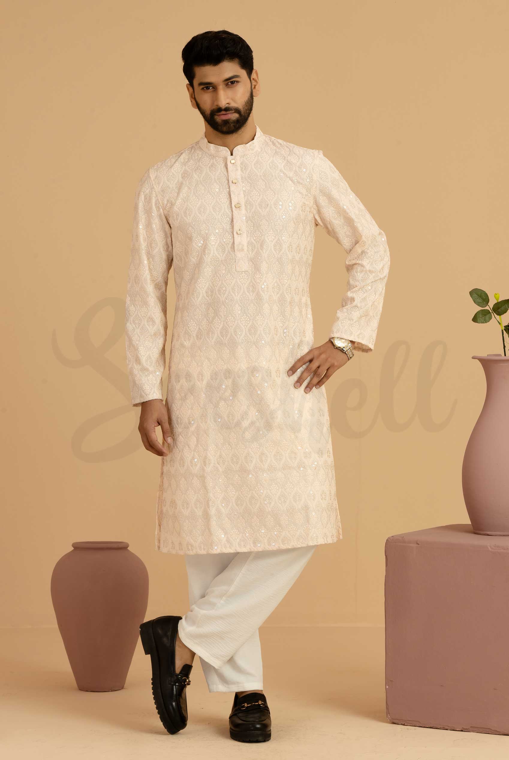 All over embroidery men's Panjabi with high quality four part snap button