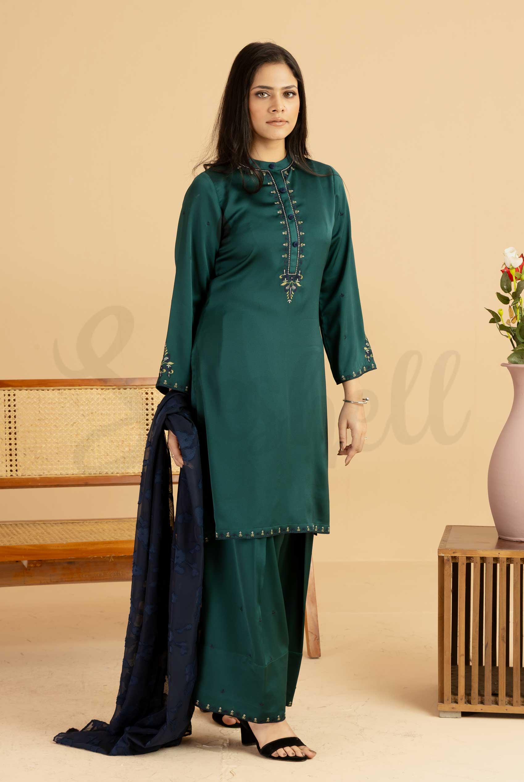 Racing green and royal blue contrast Semi casual three piece dress