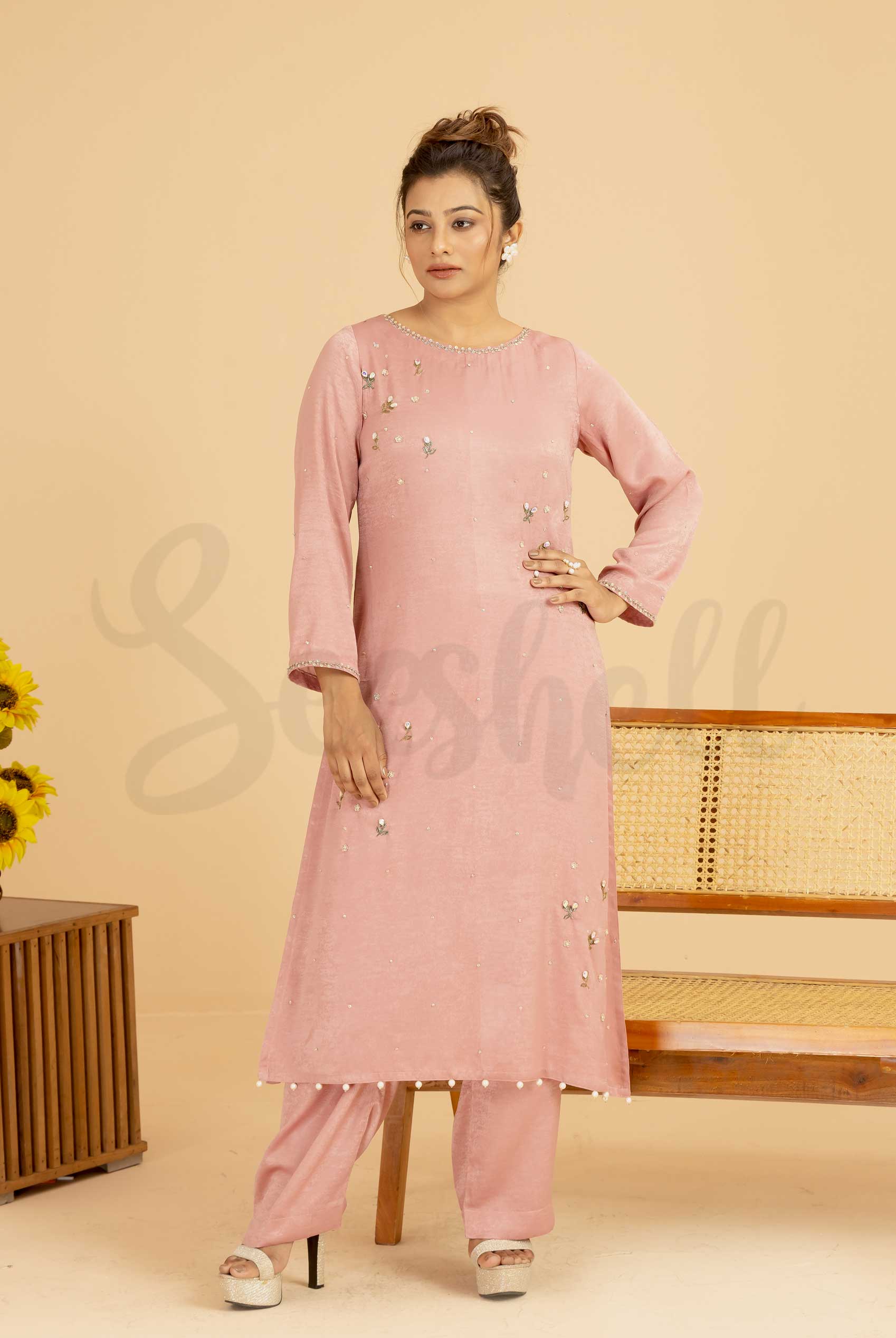 Blush Pink Silk Two Piece Set with Stone Work and Tambour Embroidery