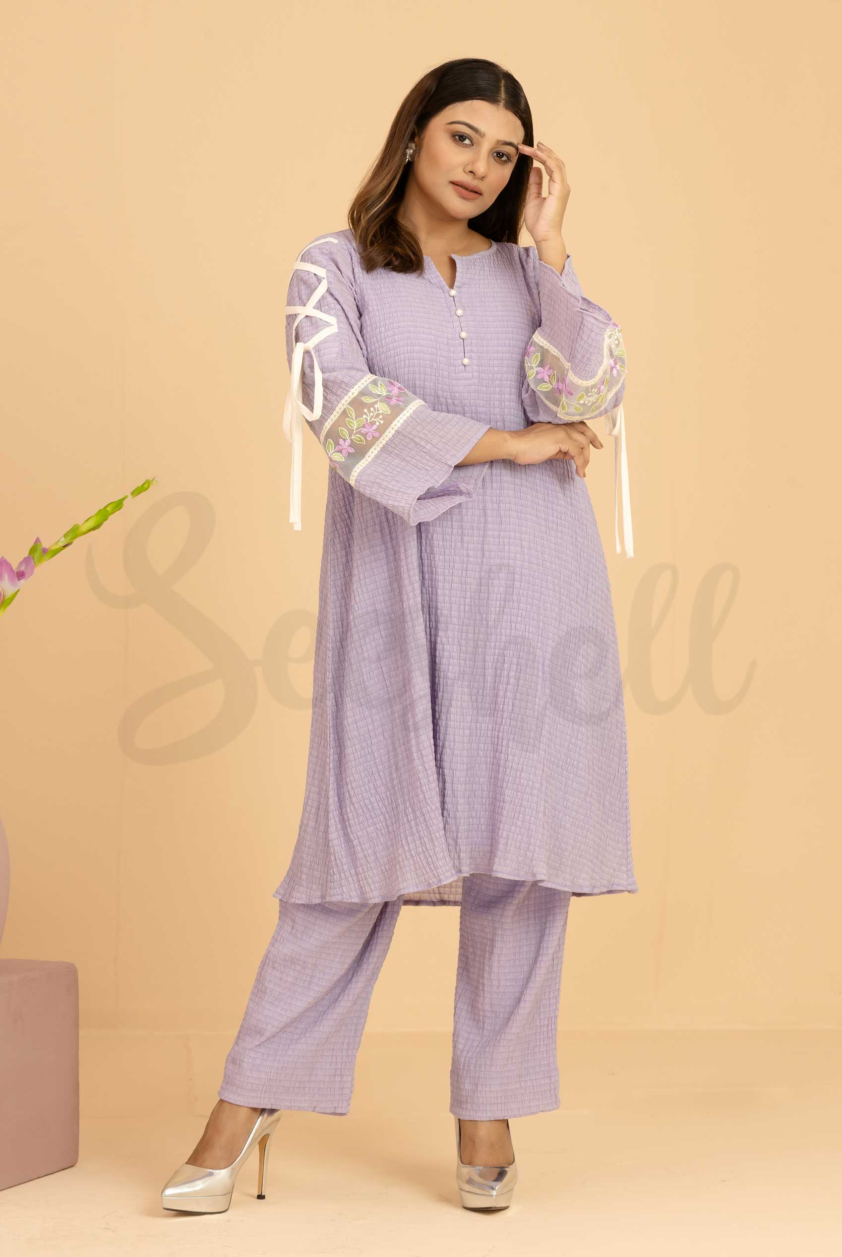 Lavender Crinkle Two Piece Set with Floral Embroidery