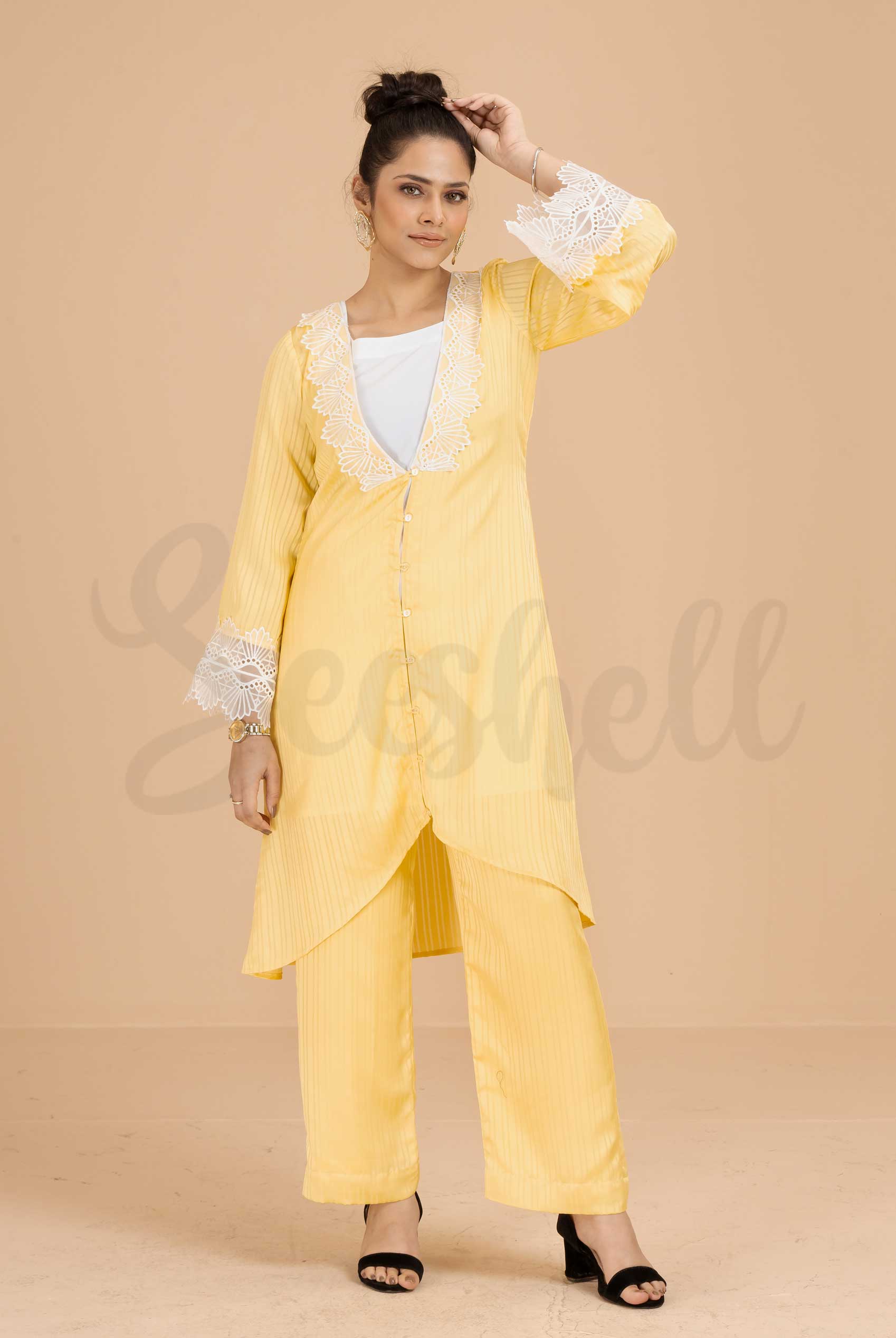 Yellow Butterscotch Two piece Set with Floral Lace Embellishment