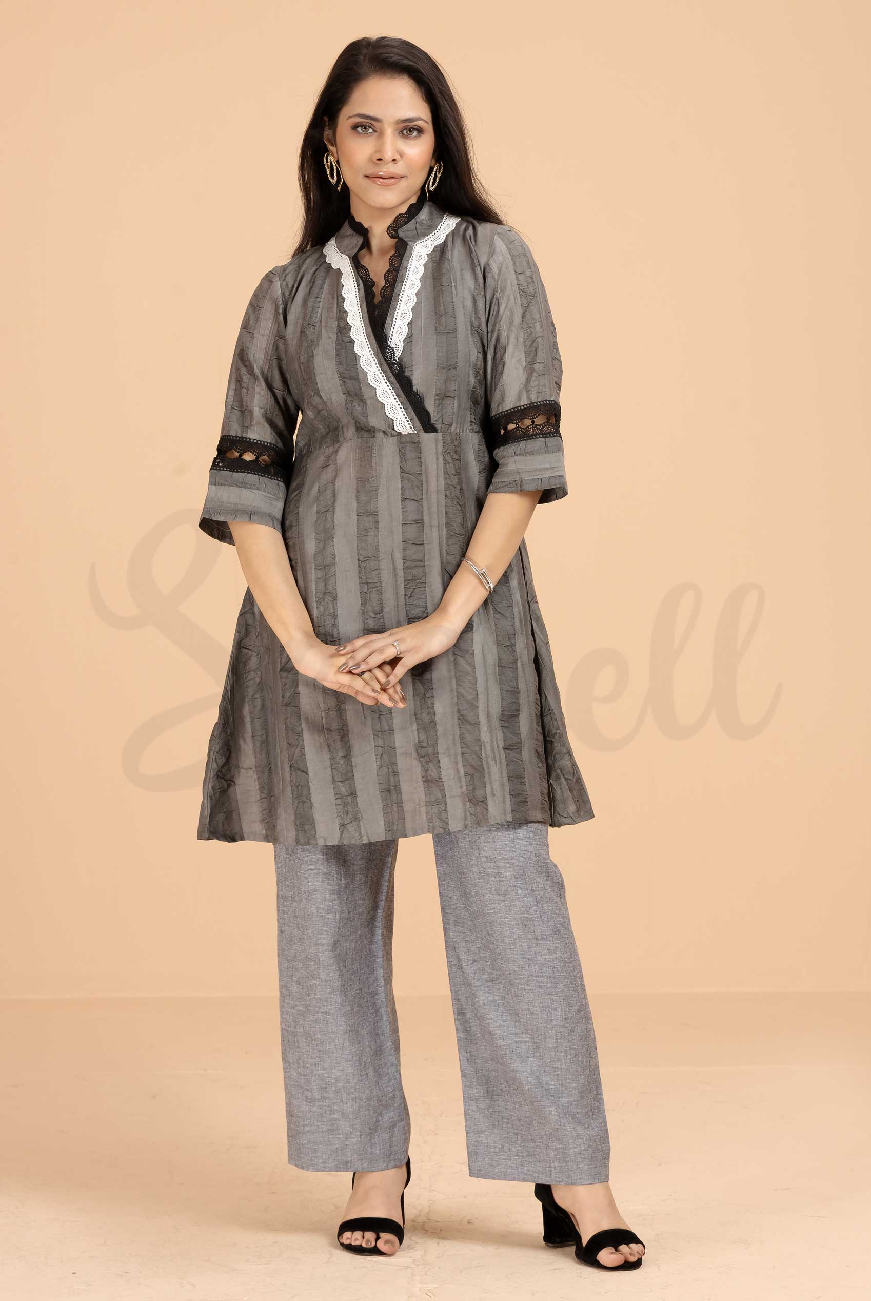 Iron Grey Casual Co-ord Set With Lace Embelishment