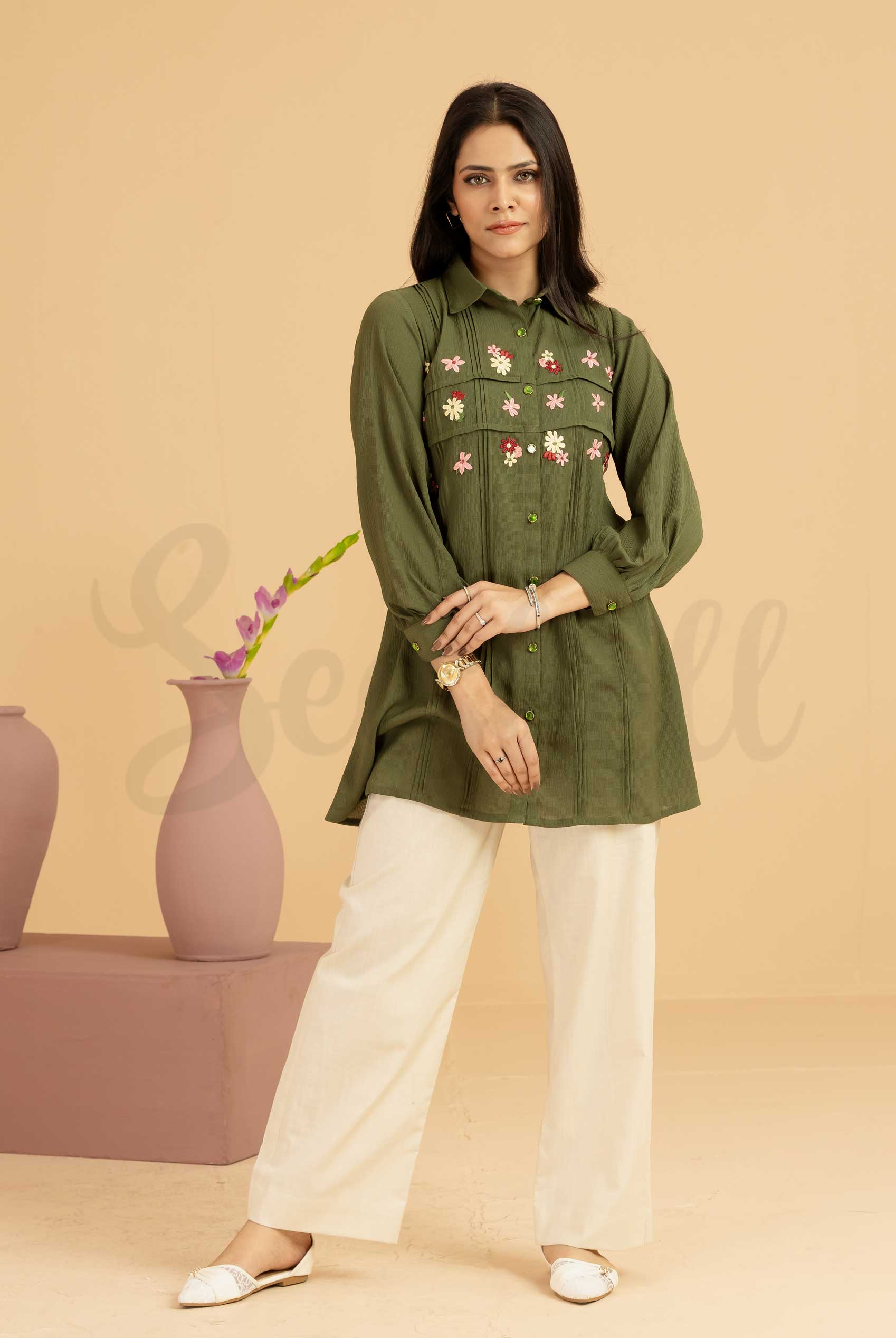Moss Green Blended Silk Top with Lace Applique