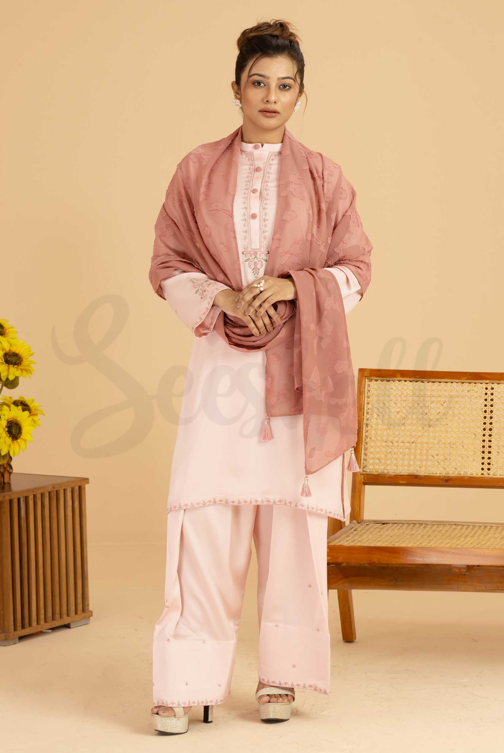 Light pink and mauve contrast Semi casual three pcs dress