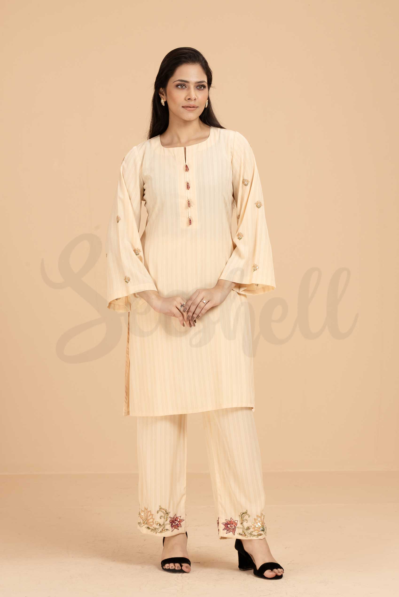 Cream zardosi work semi casual two pcs dress