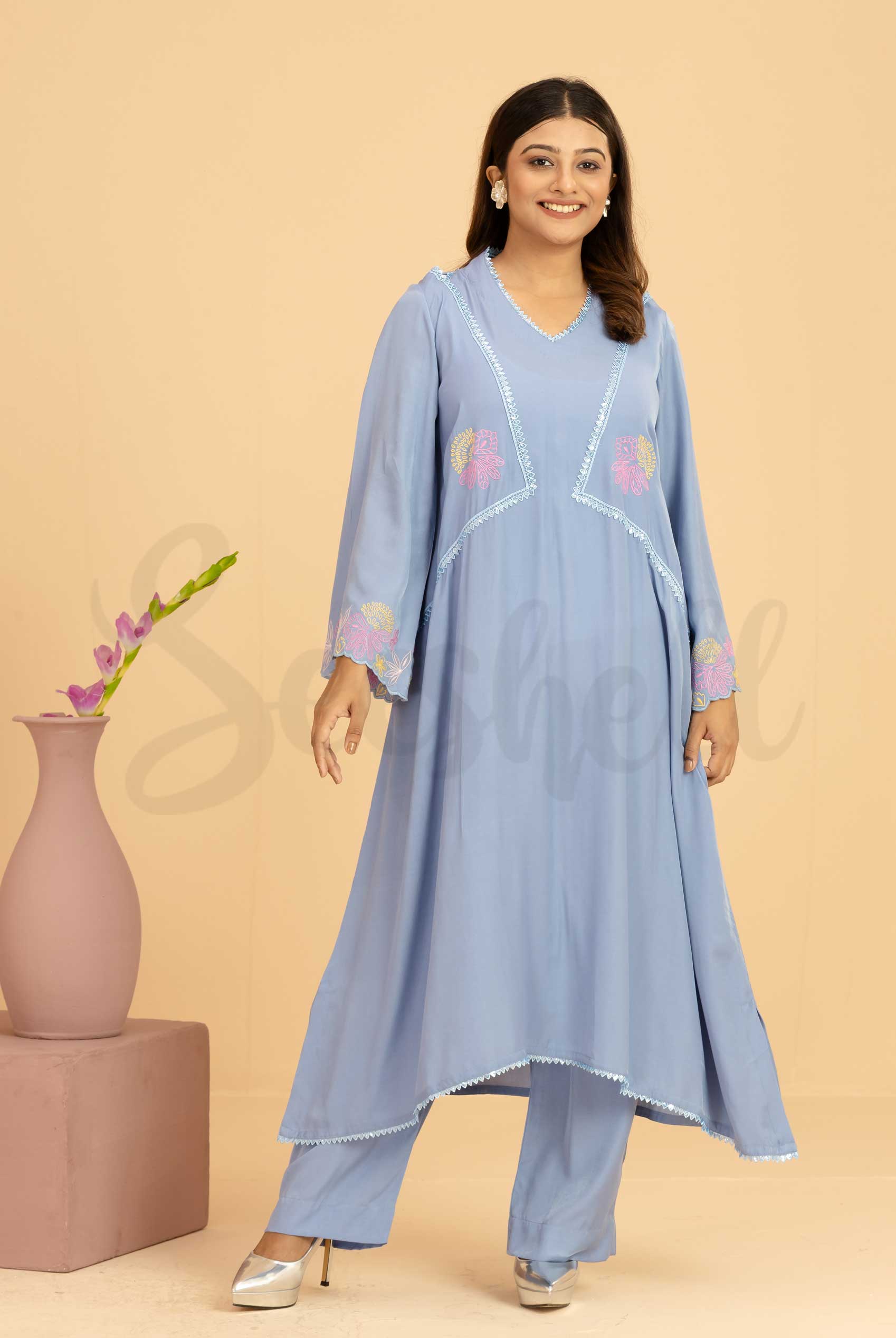 Powder blue emboidery work semi casual two pcs dress