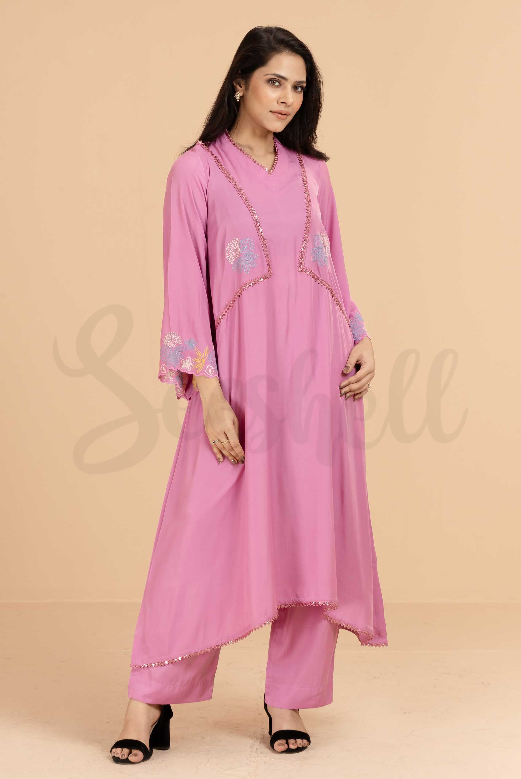 Rose pink emboidery work semi casual two pcs dress