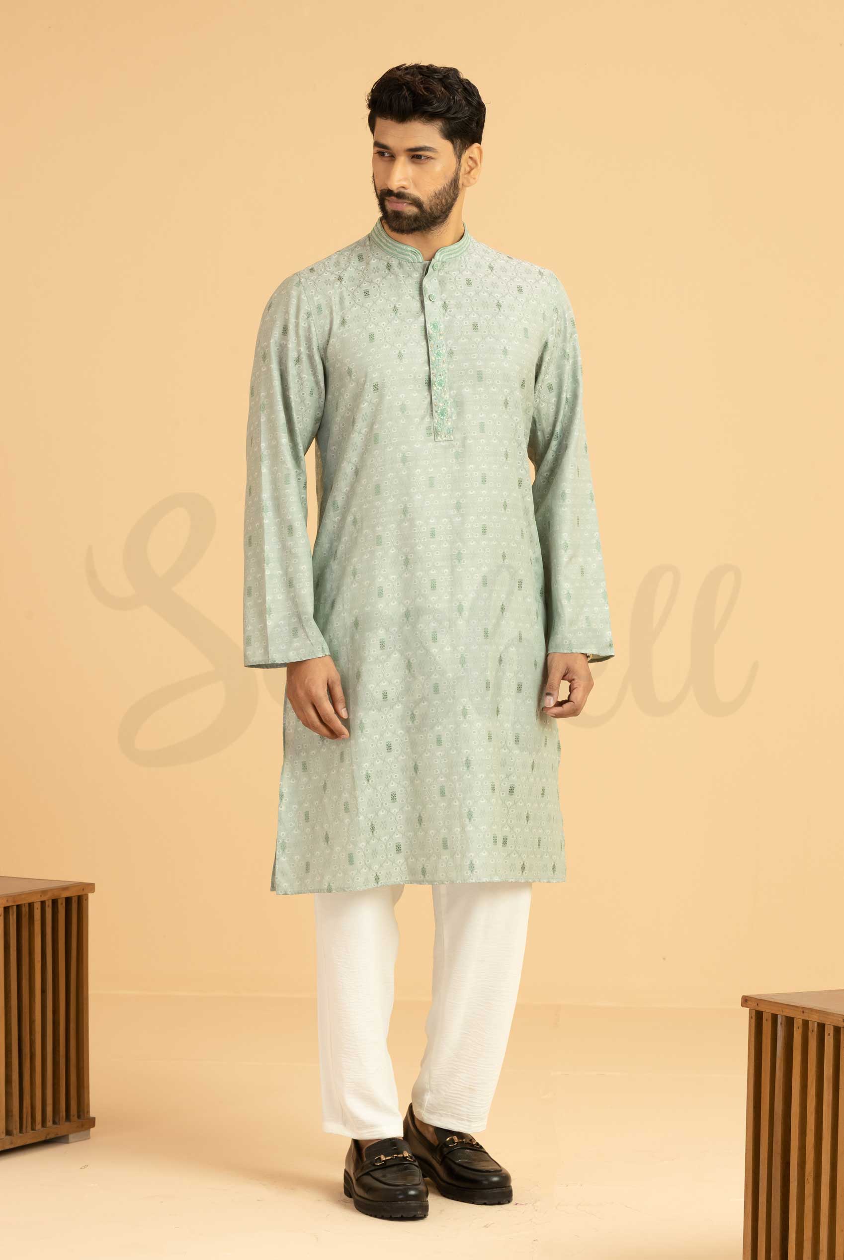Premium Mint Tambour Bead Work Panjabi