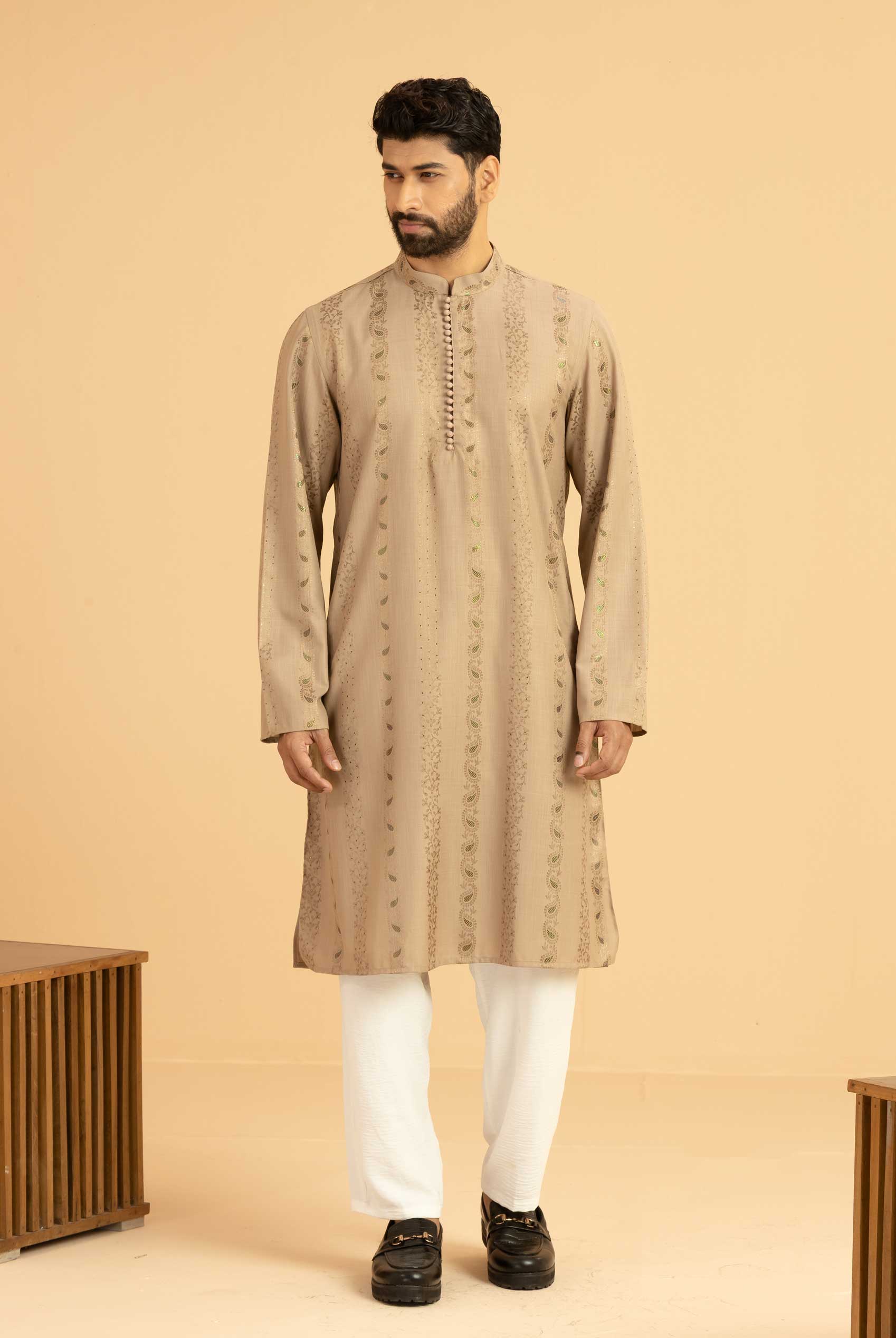Mocha Brown Embossed Cotton Panjabi