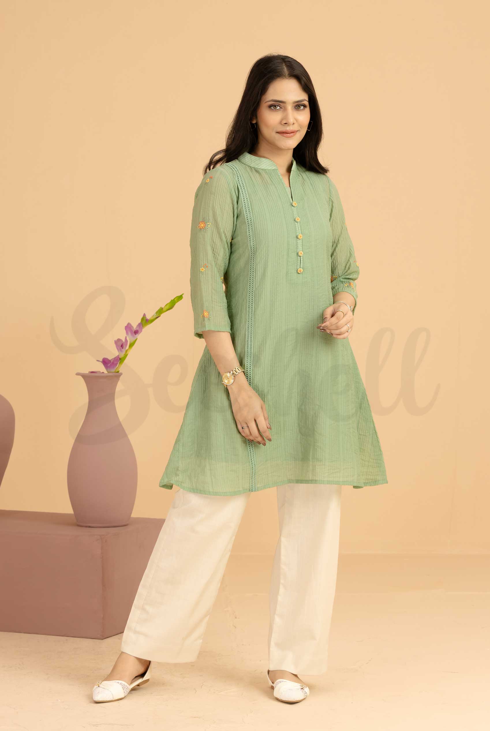 Olive embroidery work Semi casual one pcs dress