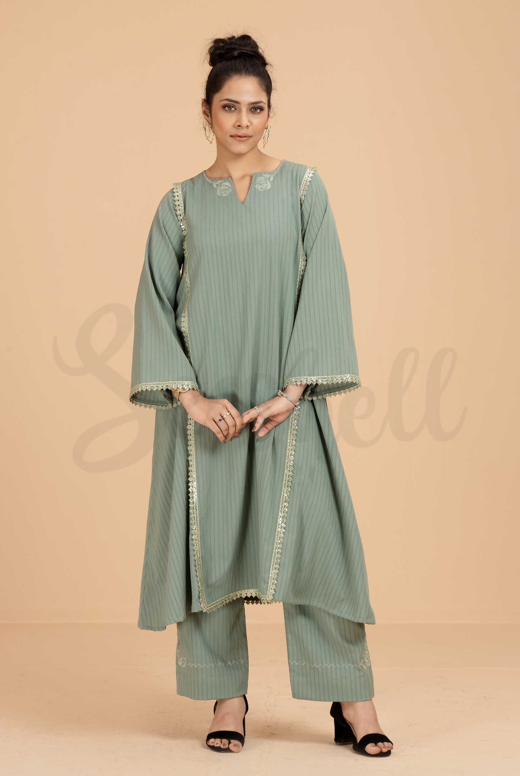 Basil green emboidery and lace work semi casual two pcs dress