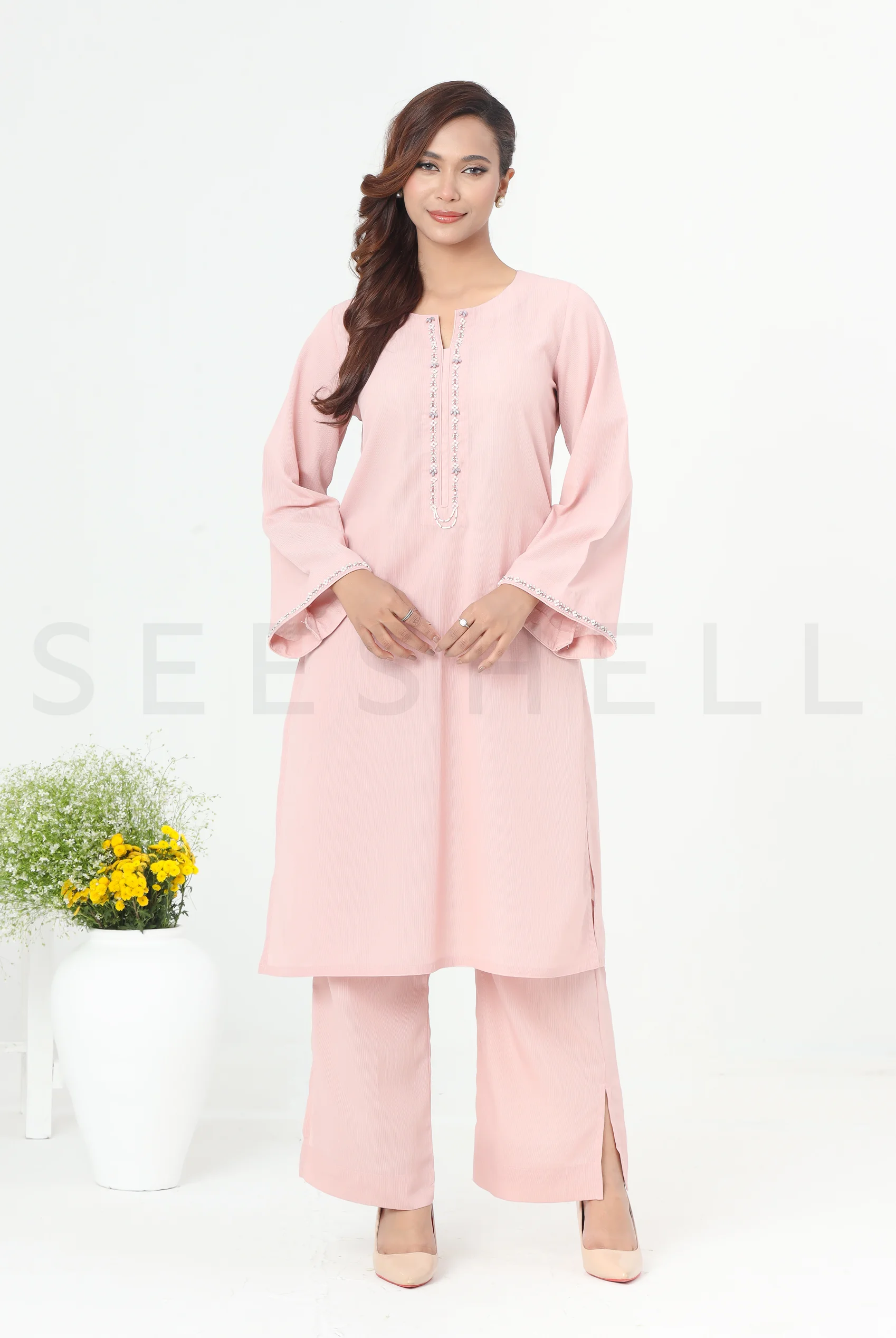 Pink lemonade  Tambour work Semi Casual two pcs dress