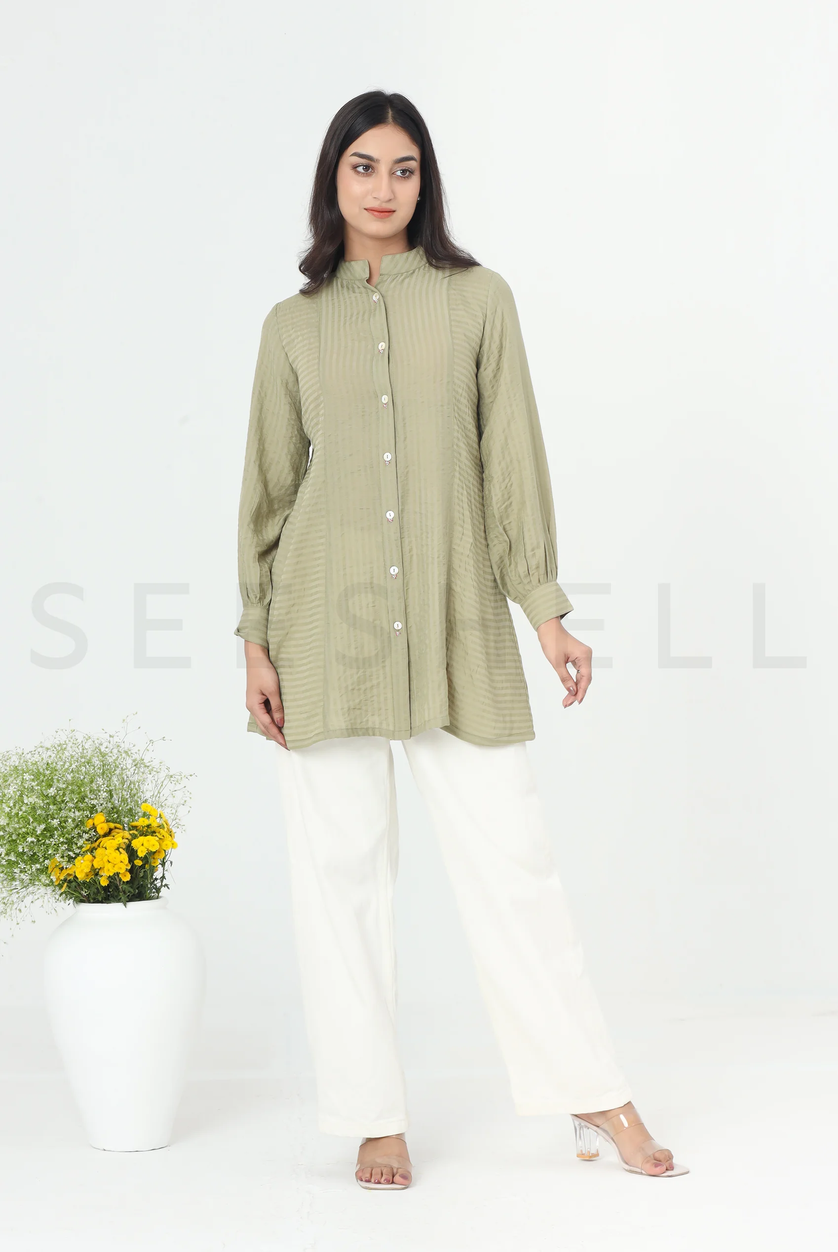 Olive green Button work tops