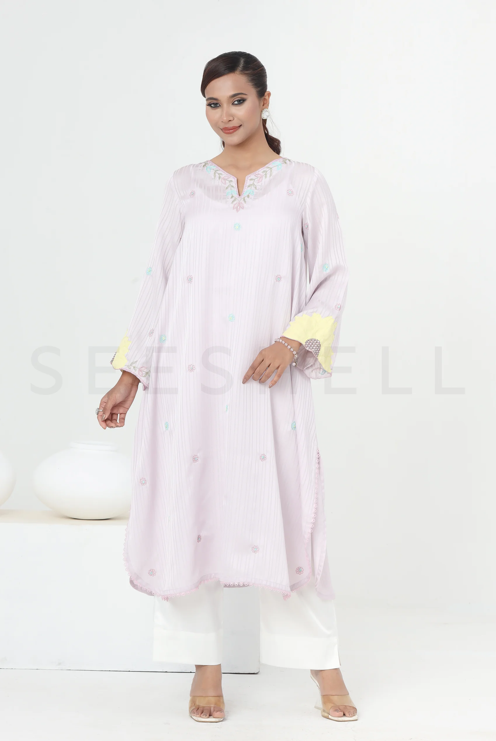 Page Lilac Silk Two Piece Set with Applique and Bead Work