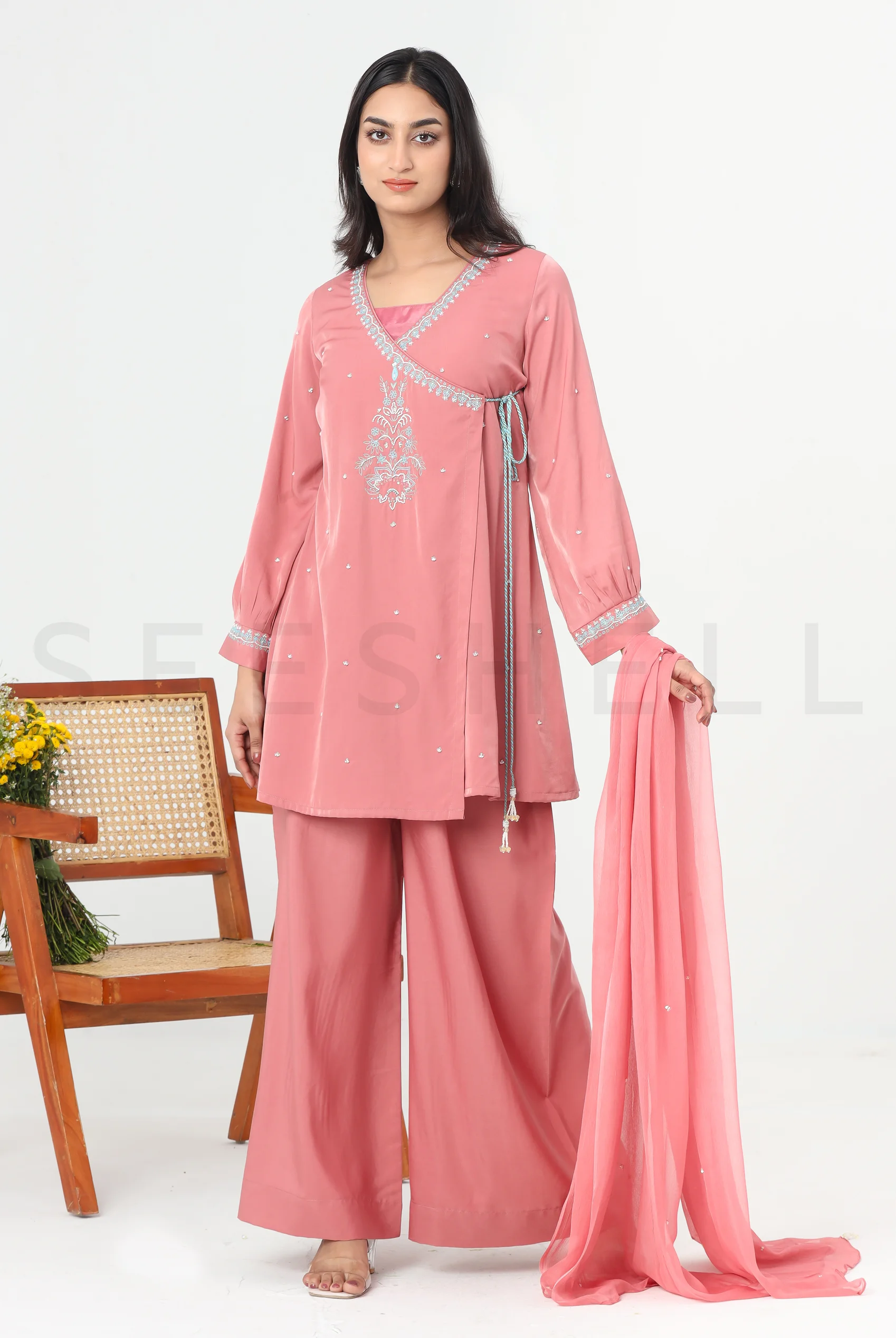 Rose Pink Silk Three Piece Set with Thread & Bead Work