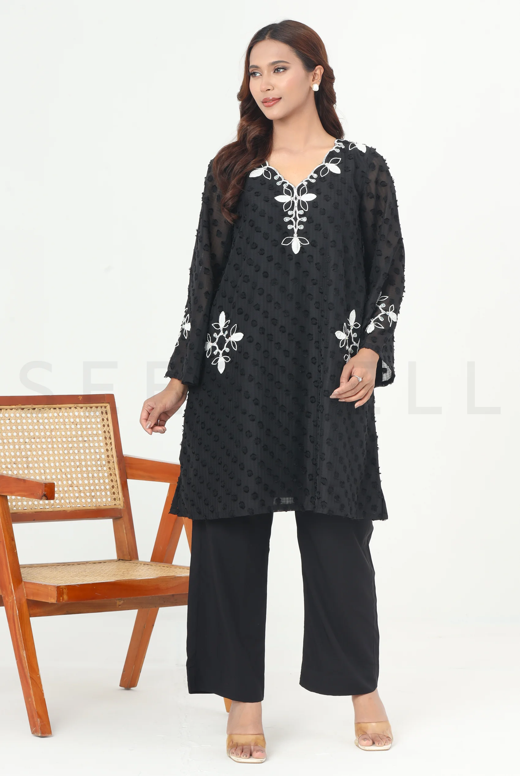 Black Polka Dot Two Piece Set with Applique and Bead Work