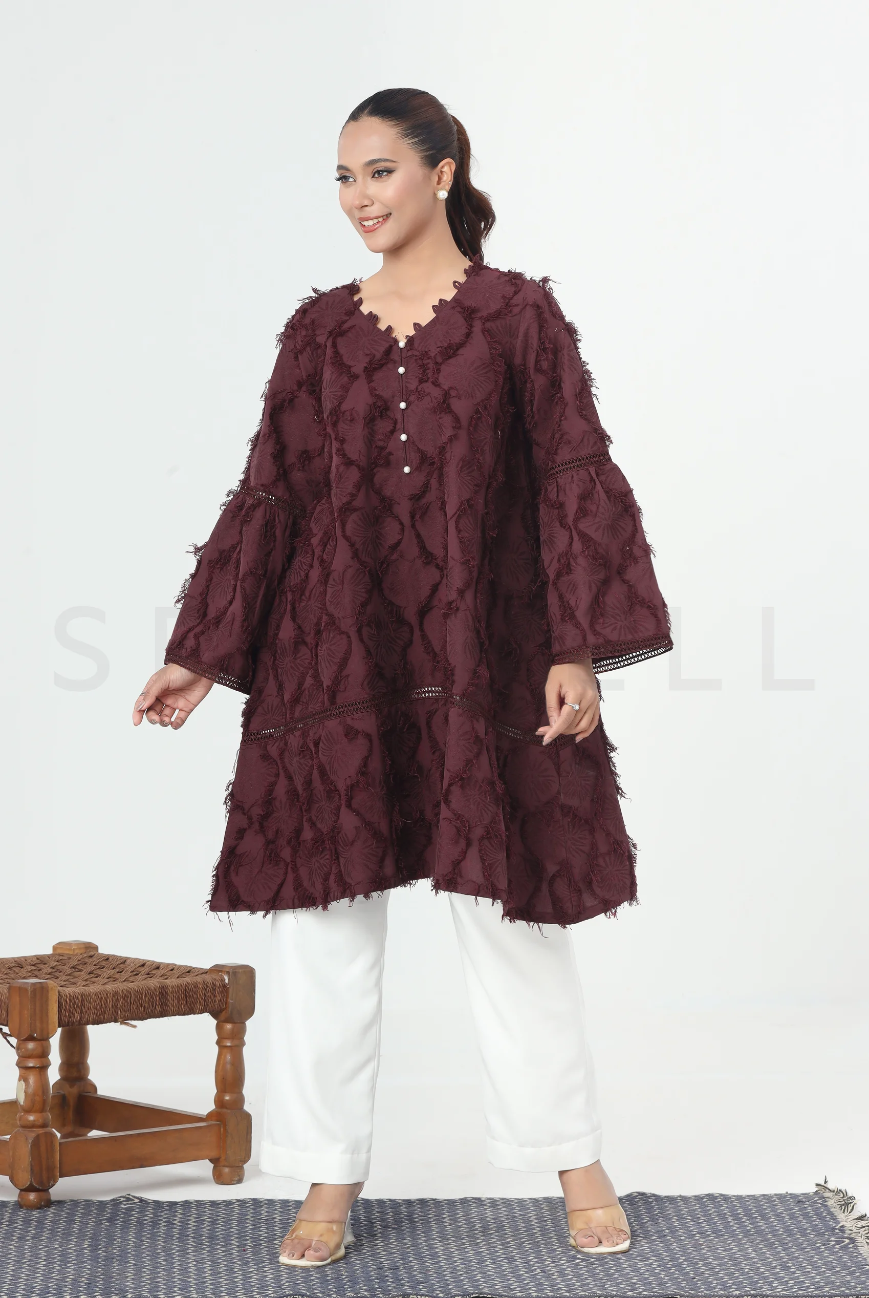 Burgundy Fancy Twill Two Piece Set with Lace Work