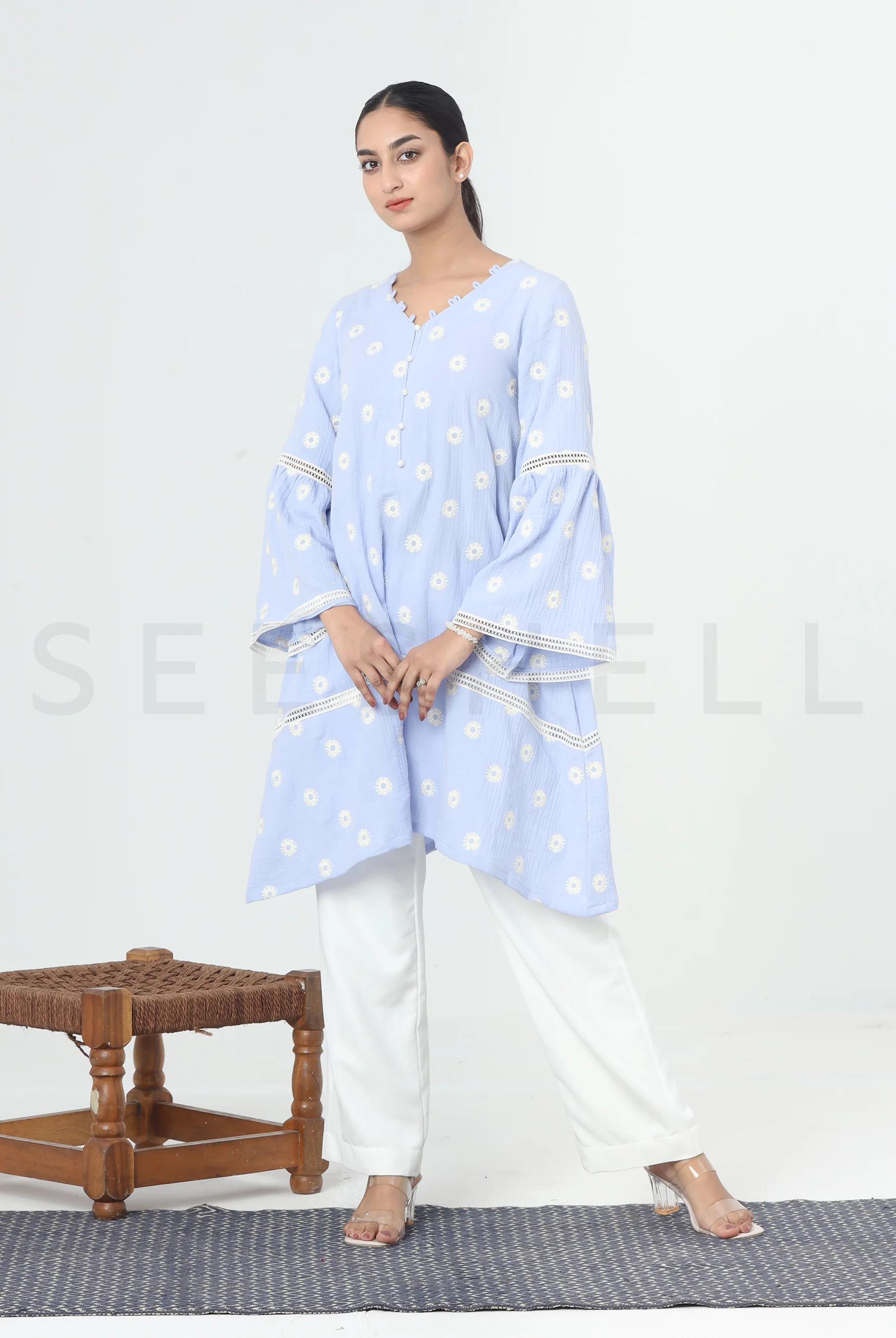 Pale Blue Fancy Cotton Two Piece Set with Lace Work