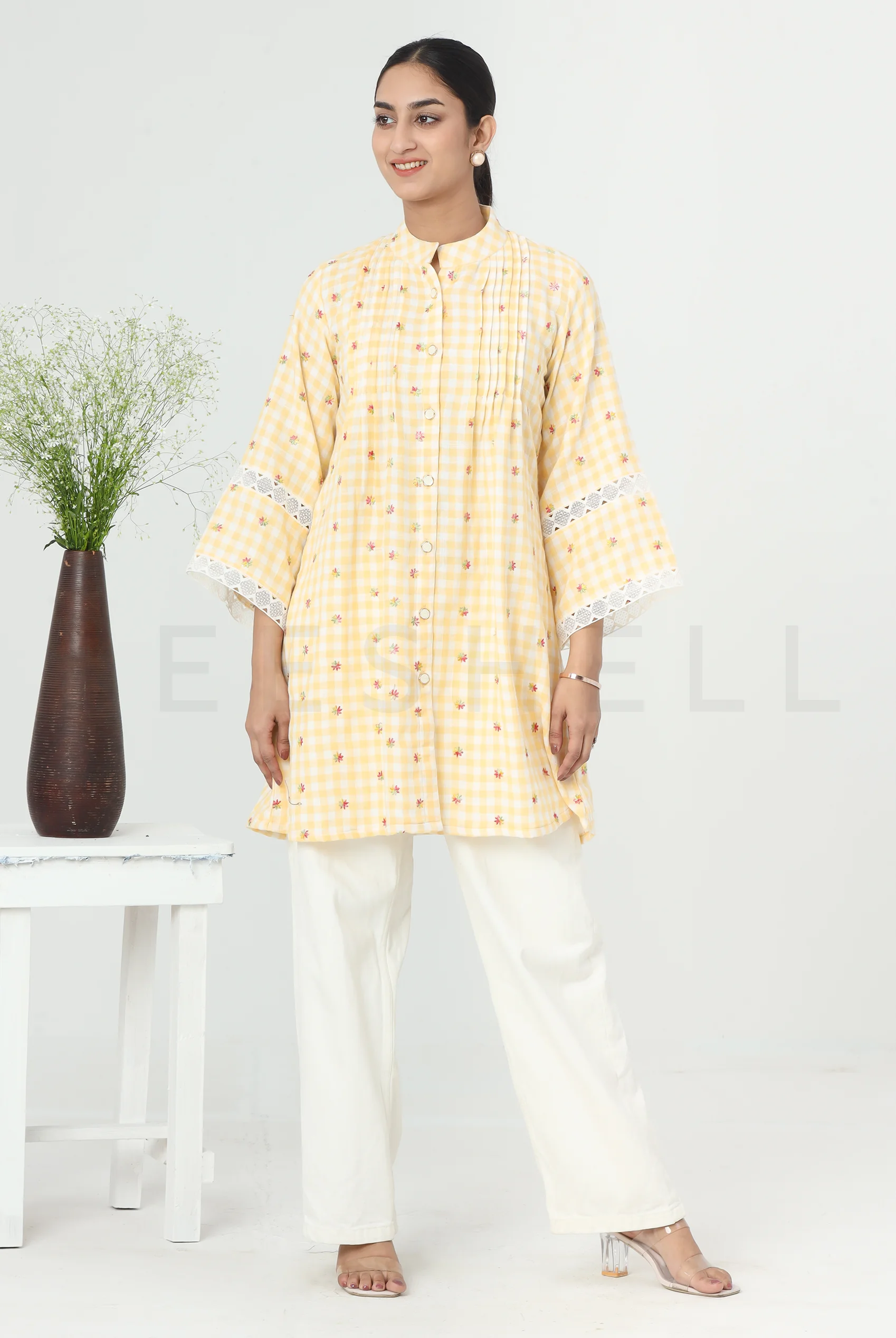 Checkered Yellow Top with Pin Tuck Pattern & Lace Work