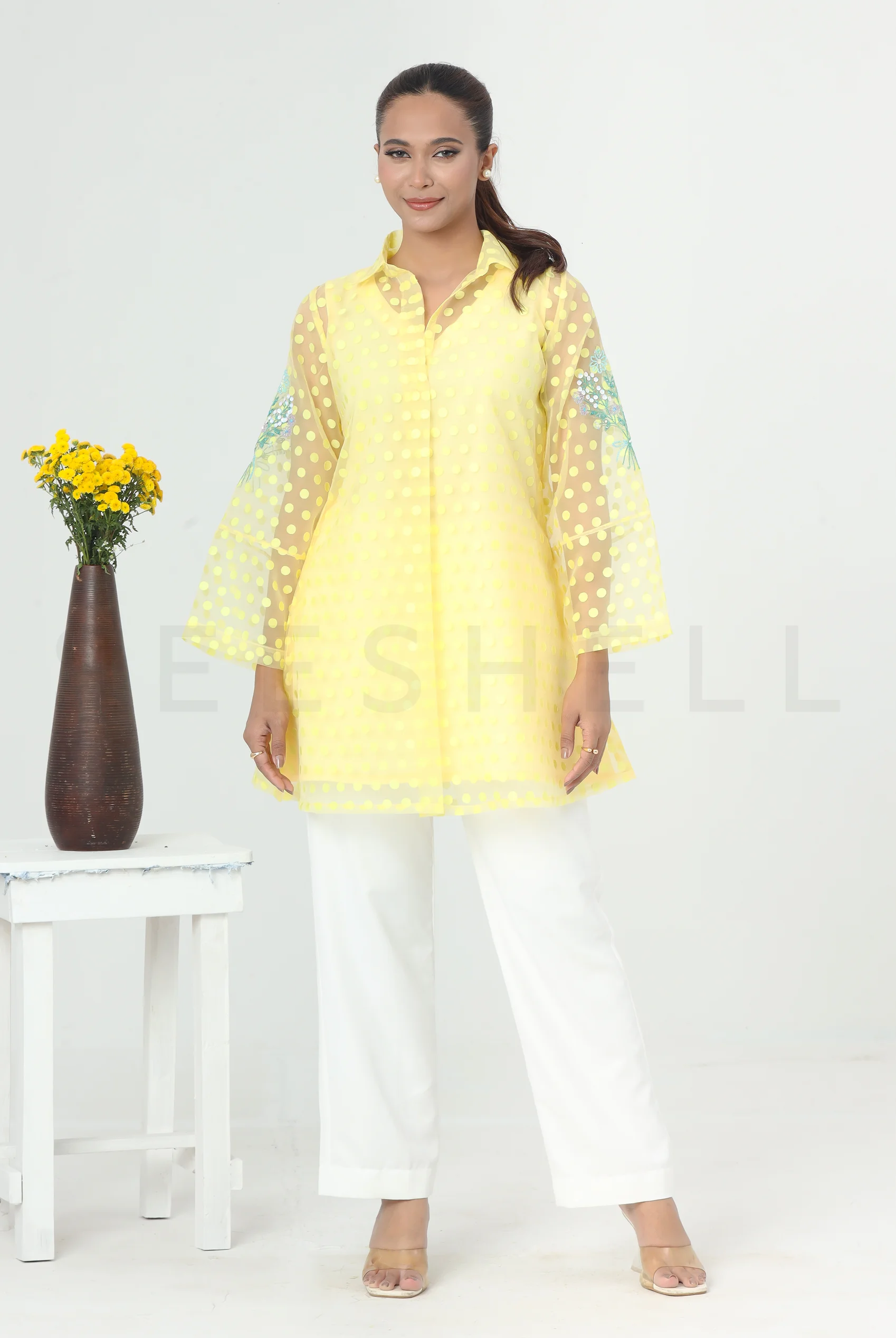 Pale Yellow Polka Dot Orzanga Top with Floral Beas Work