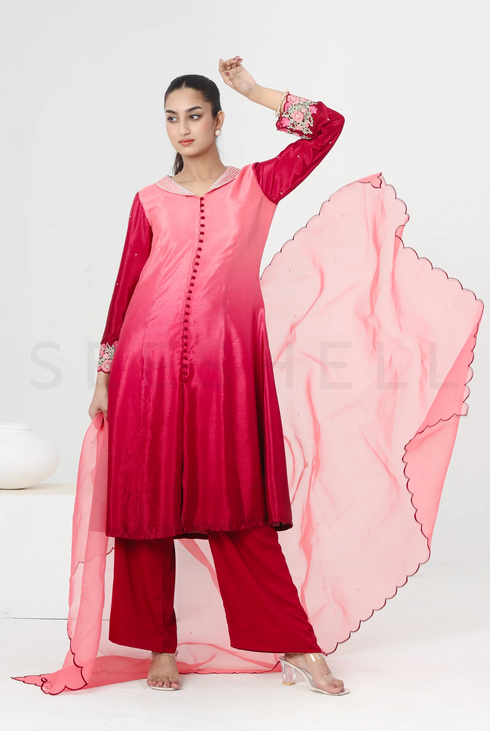 Maroon shaded fabric zardosi work Exclusive three piece set