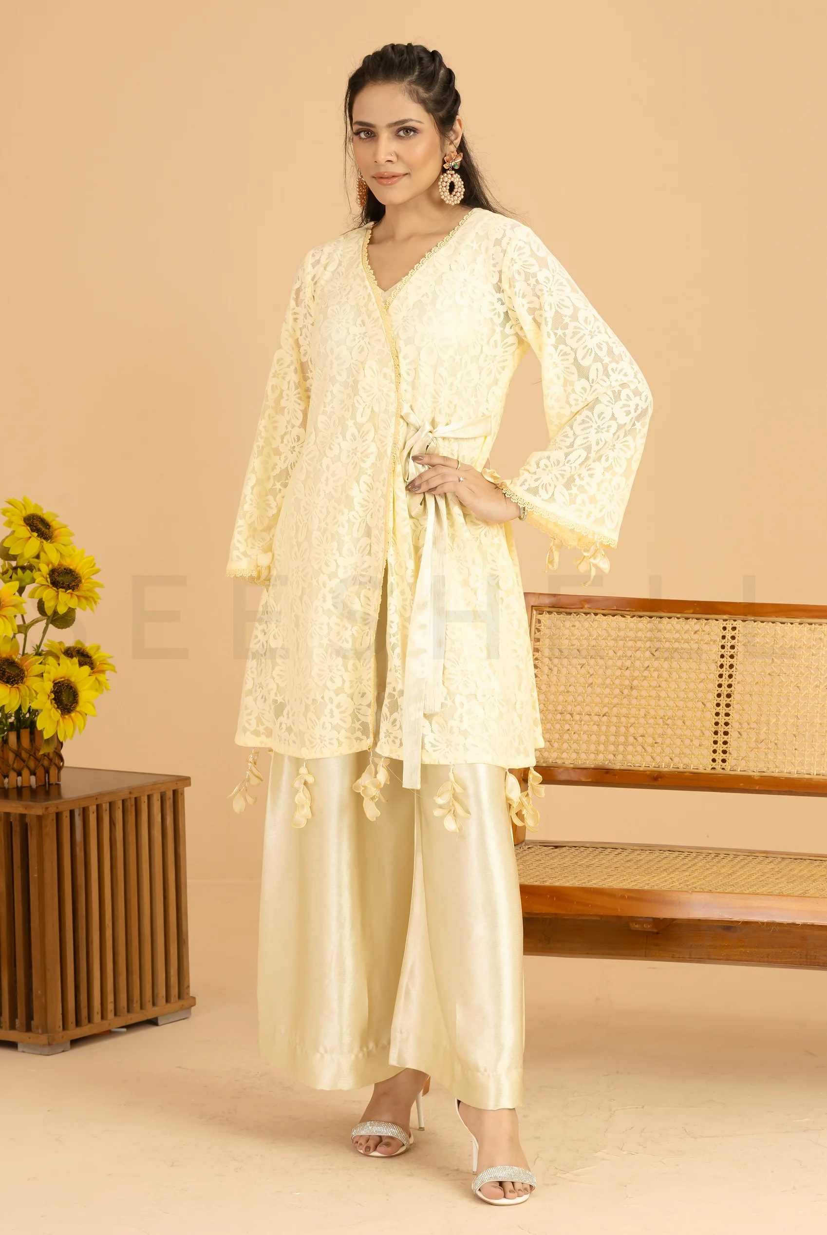 Pale Yellow Net Wrap Style Two Piece Set with Crystal Fringes