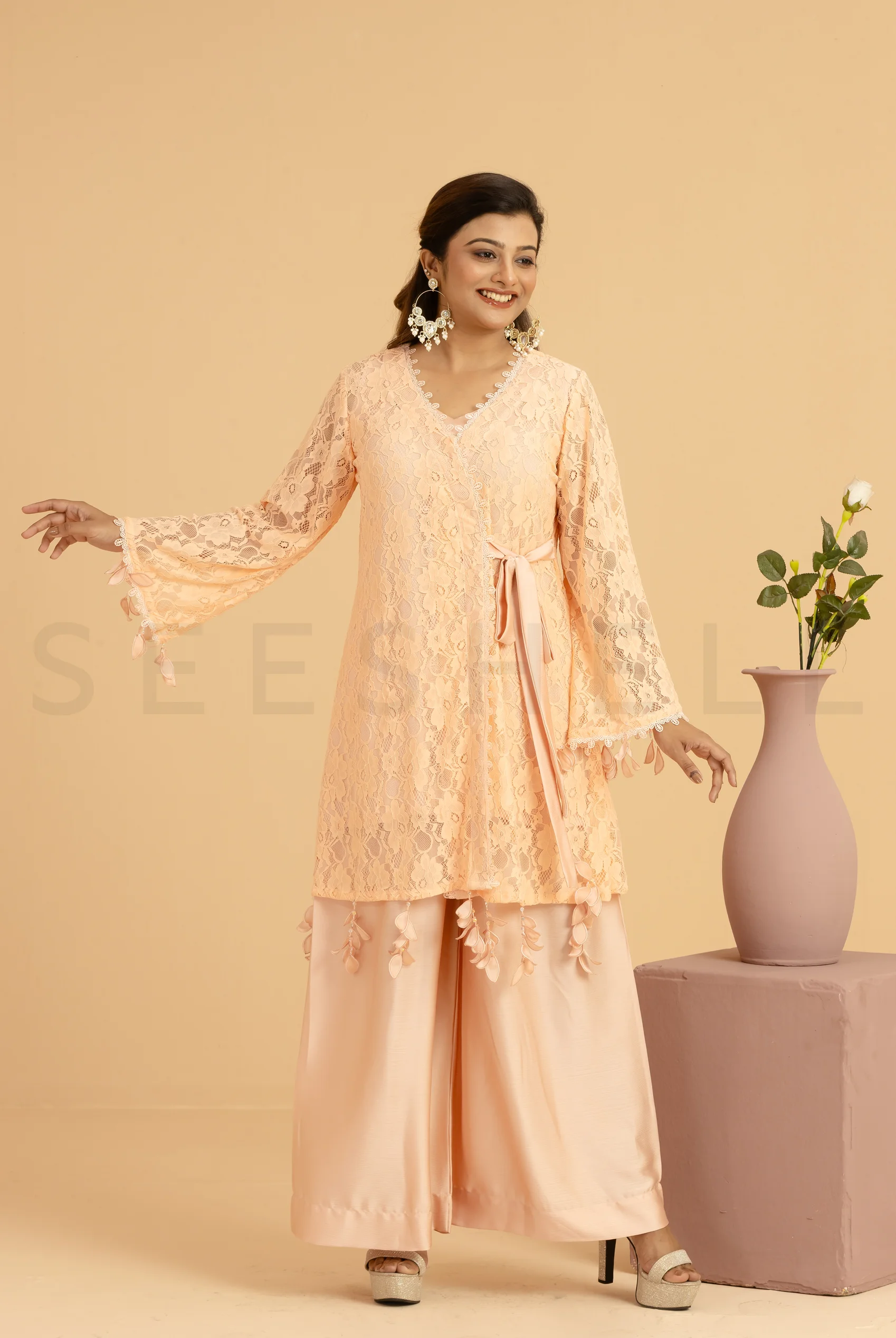 Peach Net Wrap Style Two Piece Set with Crystal Fringes