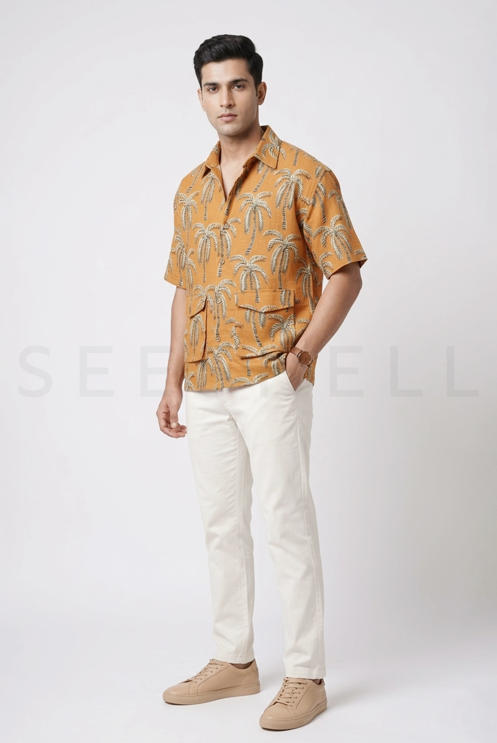 Bold Yellow Printed Summer Remi Cotton Shirt