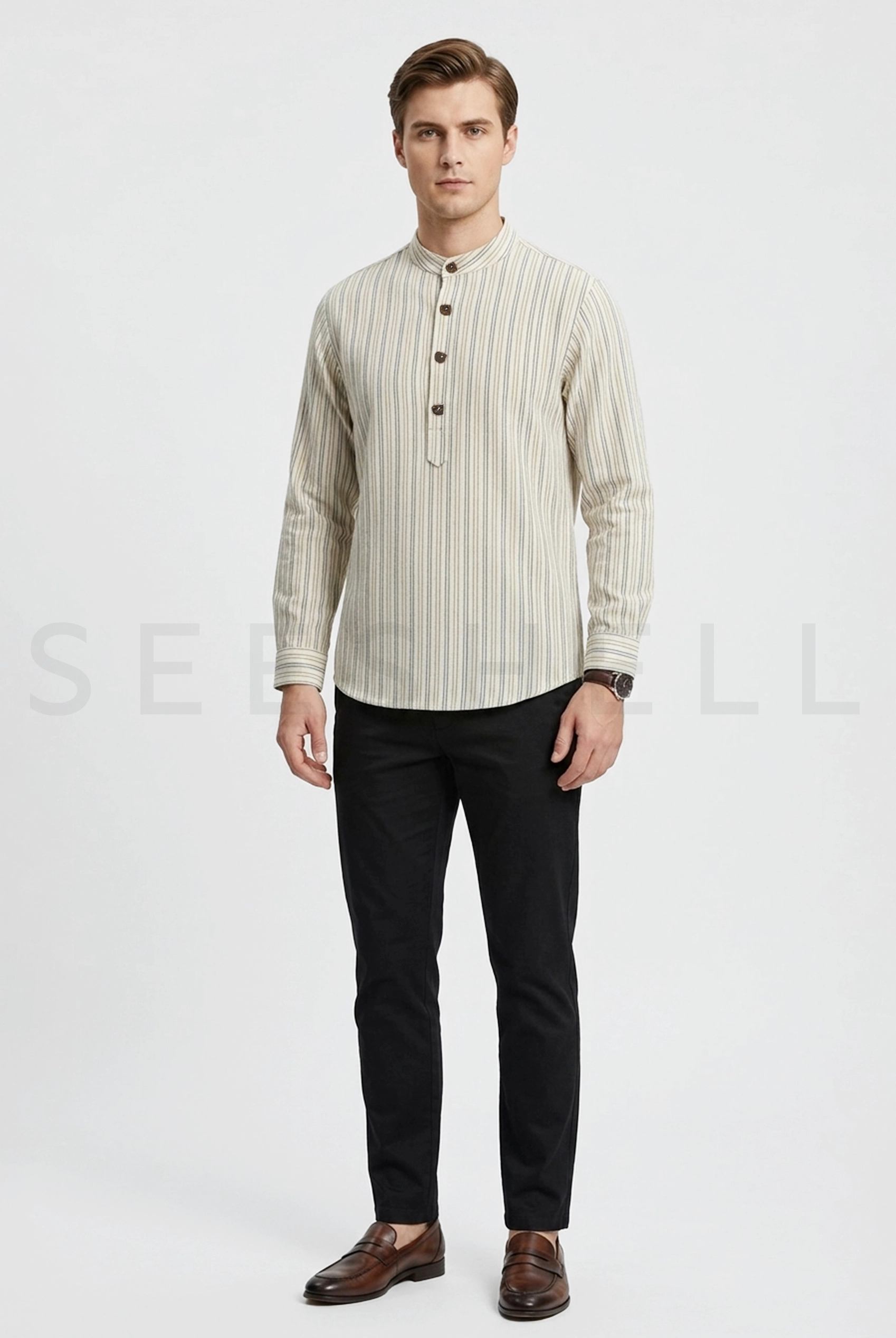 Cream Remi Cotton Band Collar Full Sleeve Shirt