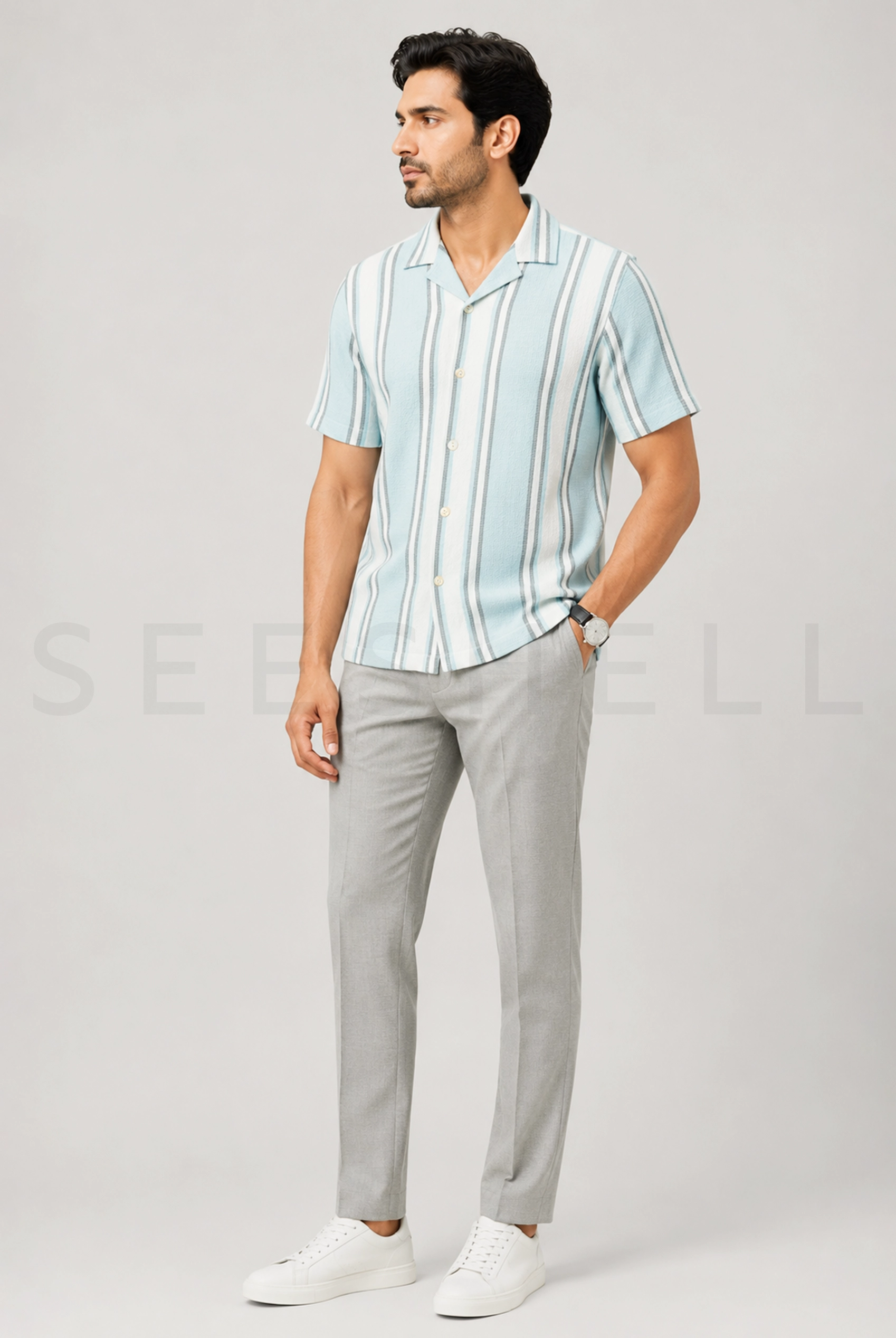 Blue Striped Remi Cotton Cuban Shirt ( Relaxed Fit )