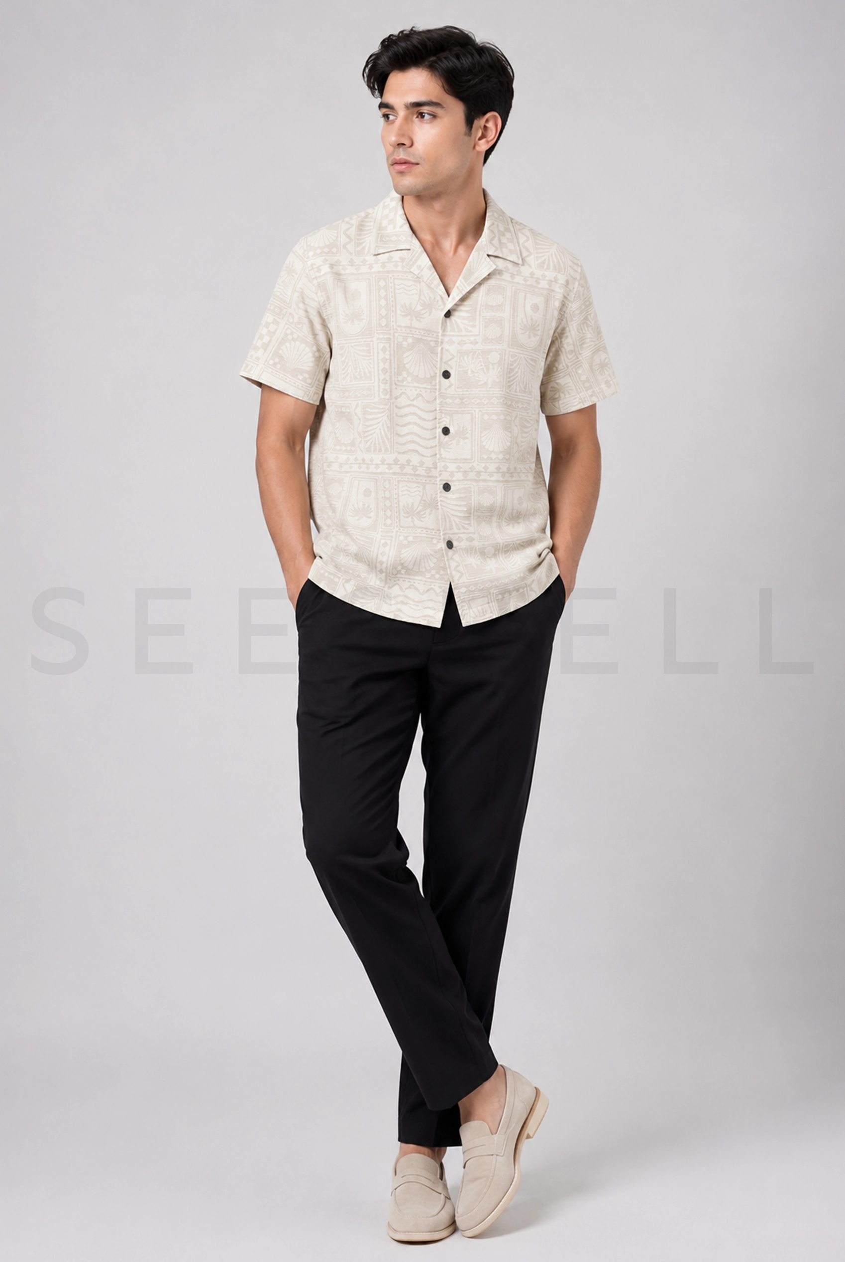 Cream & White AOP Cuban ( Relaxed Fit )