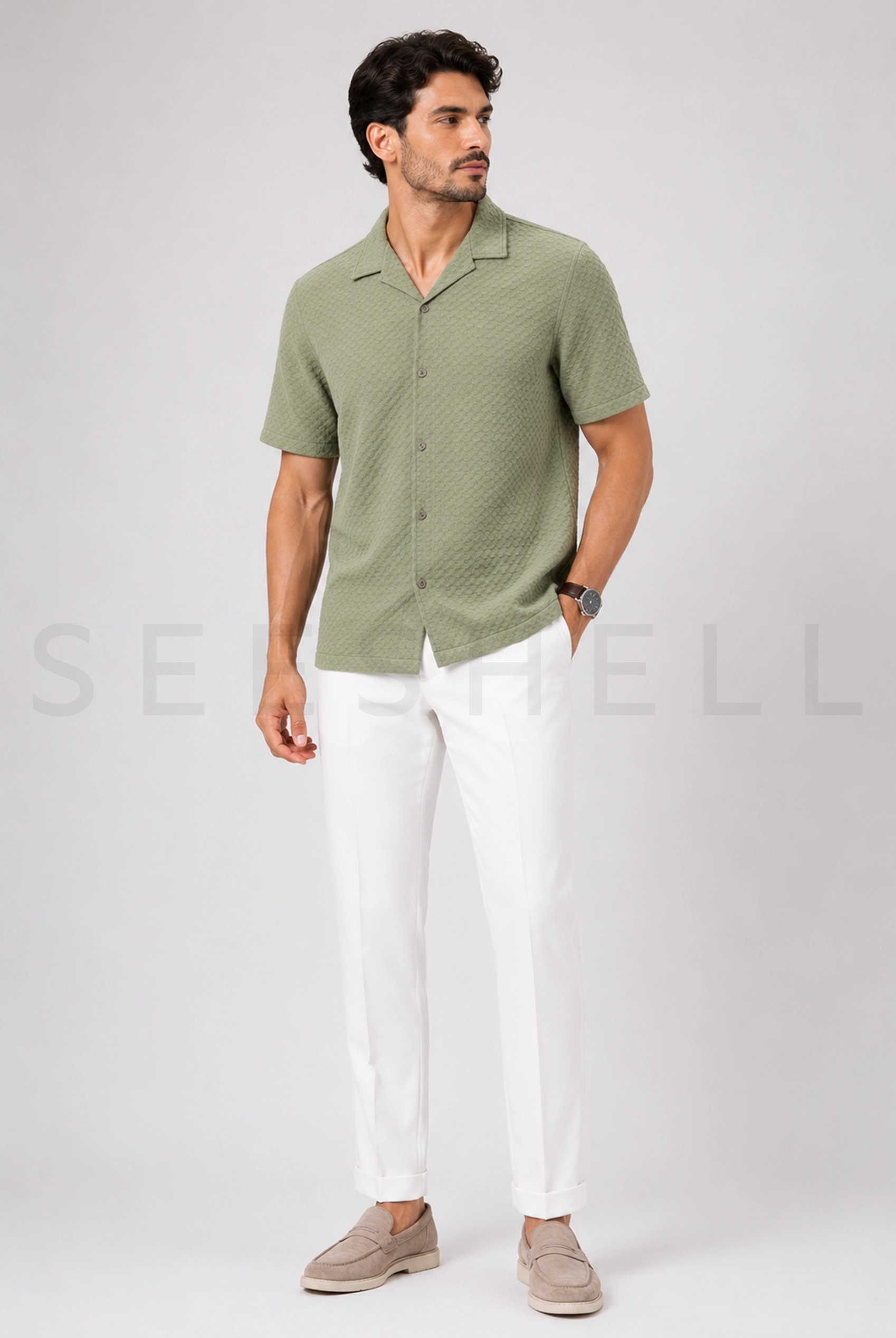 Olive fancy woven cotton Cuban shirt ( Relaxed fit )