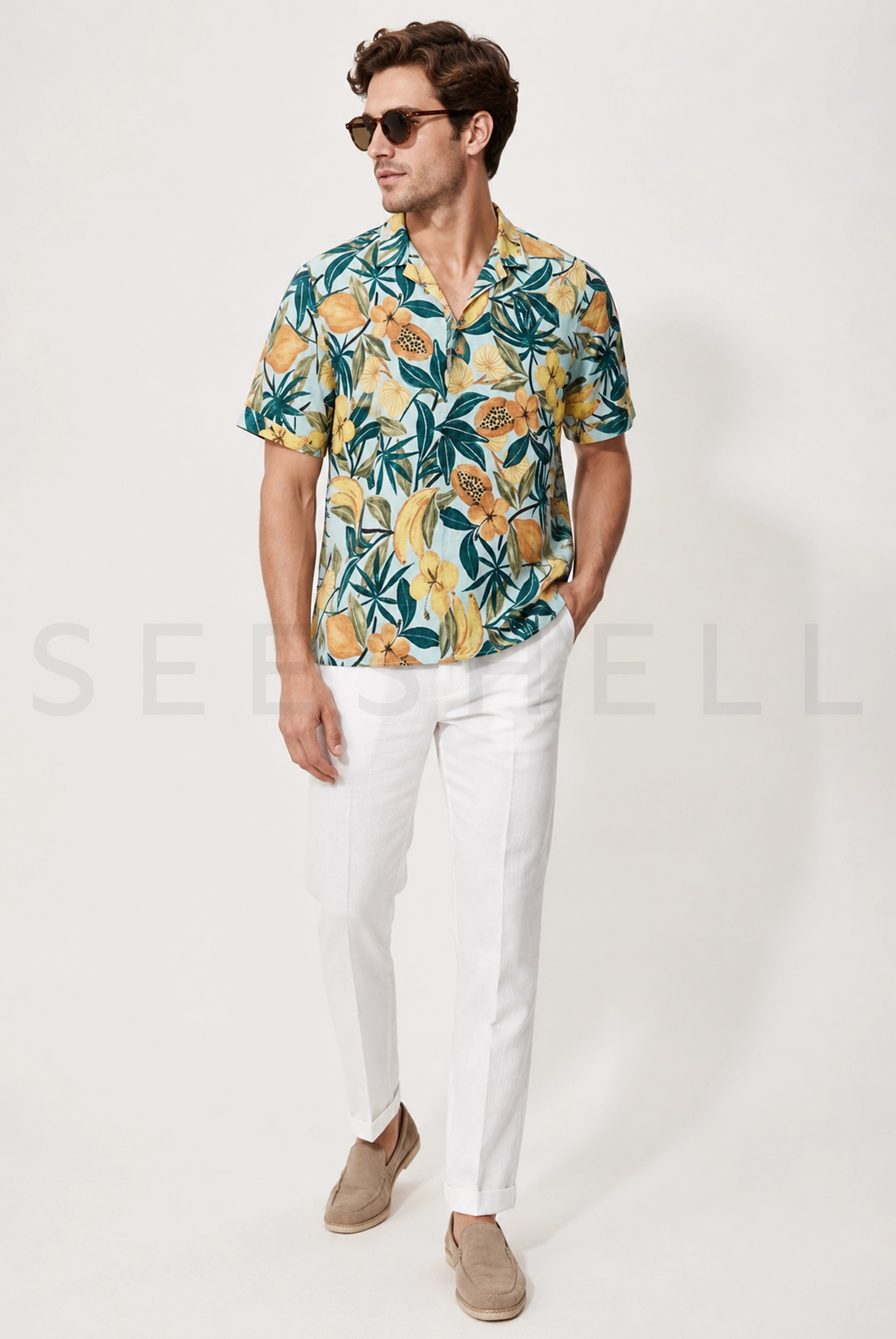 Normandy gray floral print blended cotton fabric cuban shirt