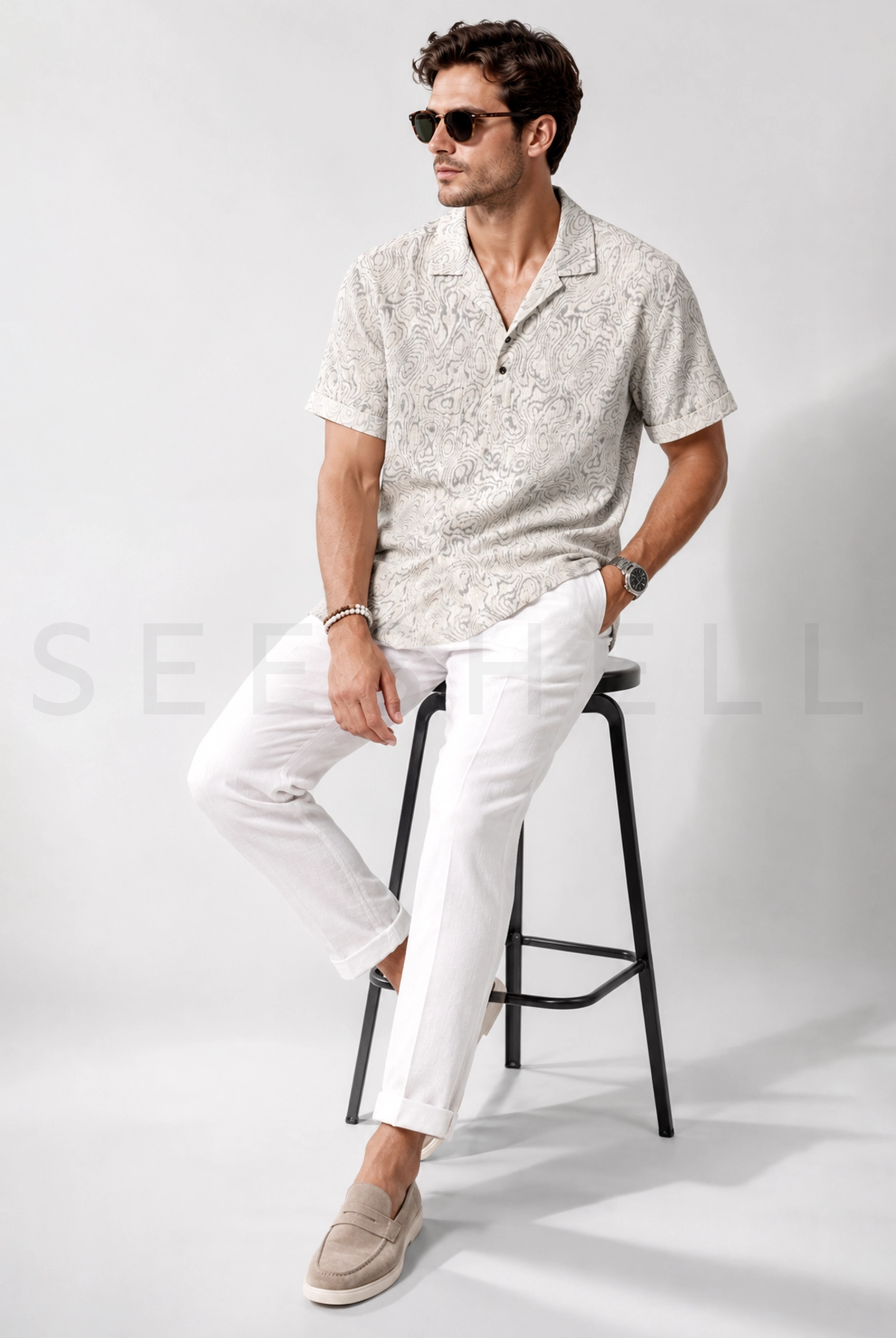 White gray printed blended cotton fabric Cuban shirt (Relaxed Fit )