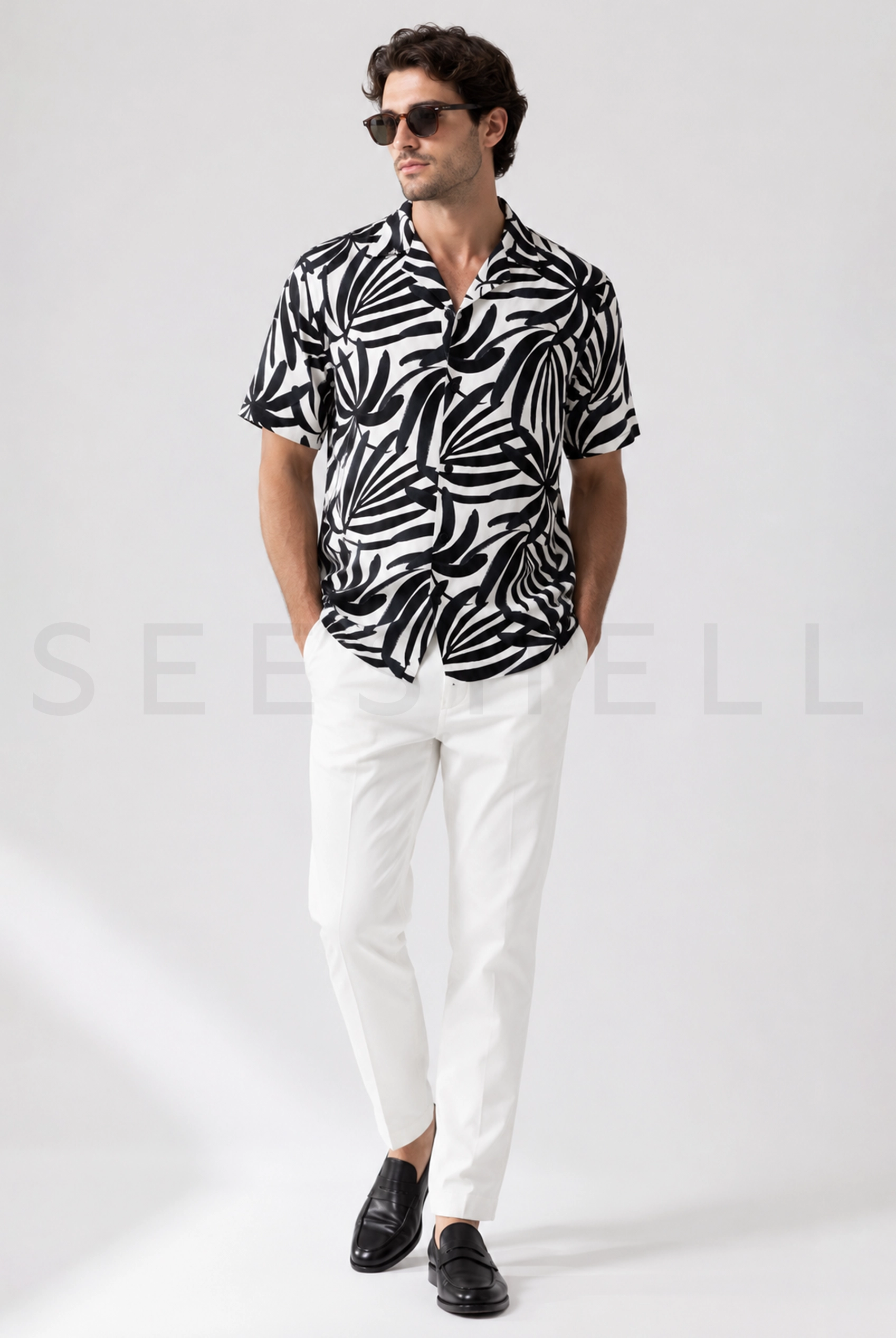 Beige black contrast printed Viscose cotton Cuban shirt ( Relaxed Fit )