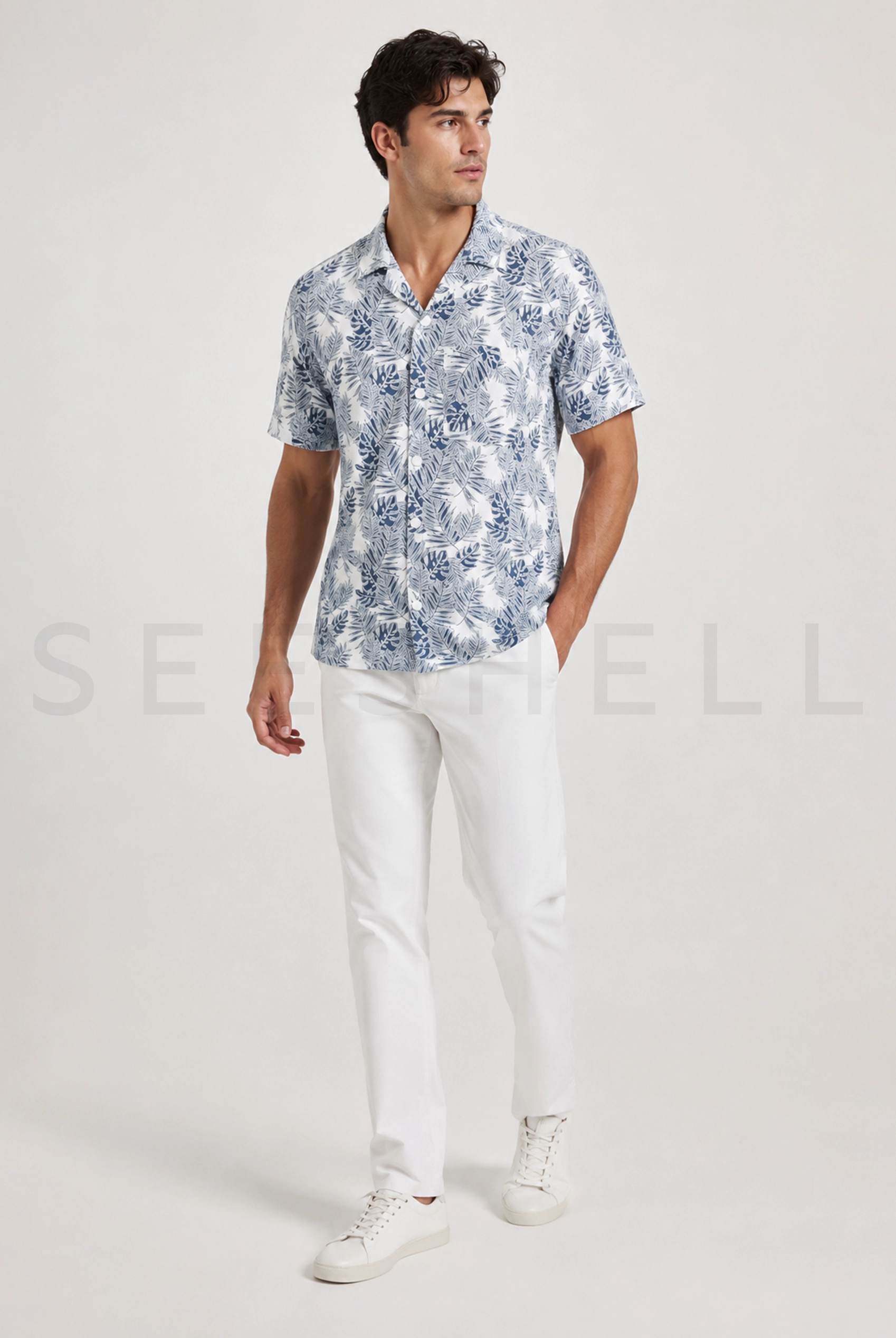 White blue contrast printed Viscose cotton cuban shirt ( Relaxed Fit )