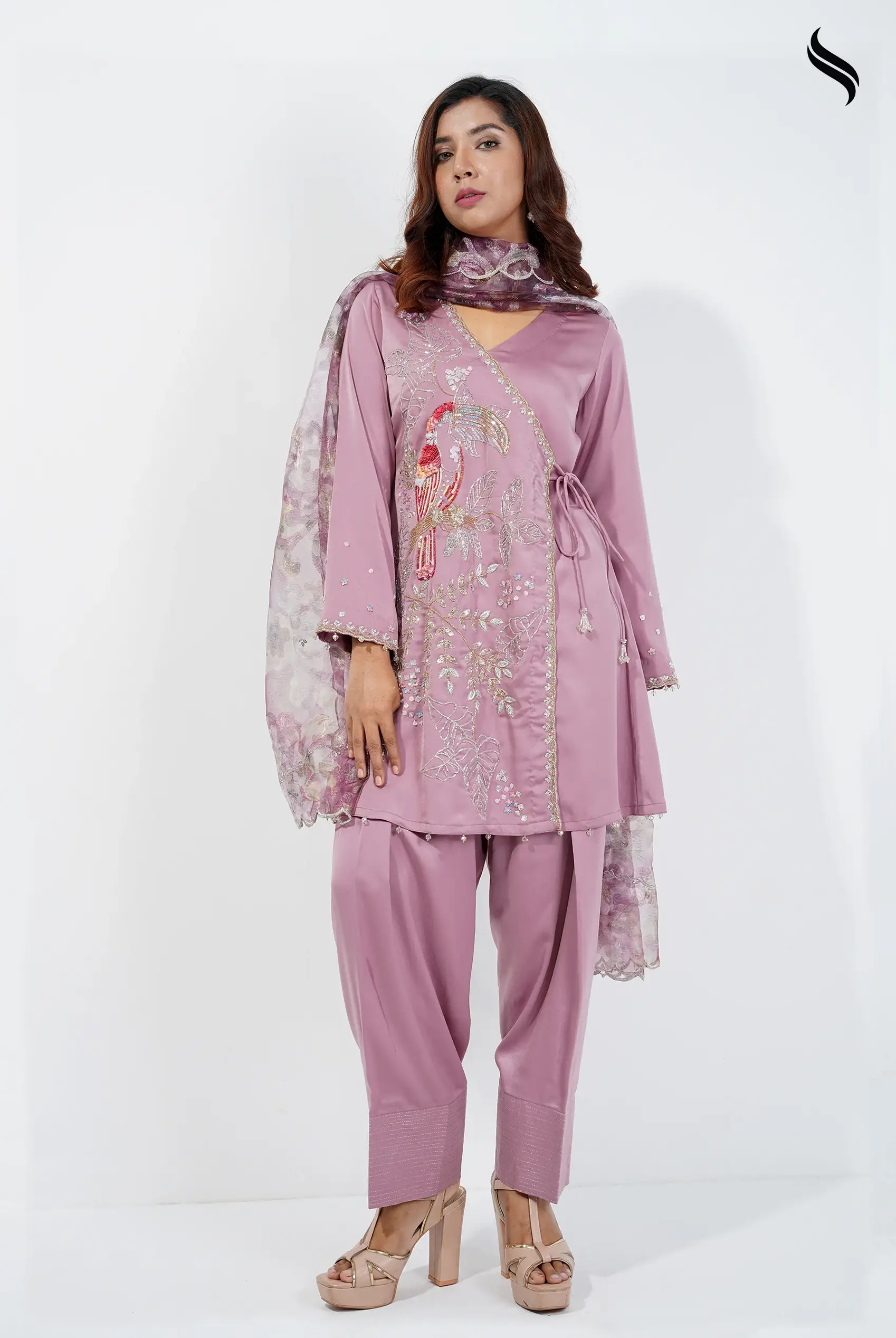 Angrakha style three piece set with tropical karchupi work (Lilac Color) 04