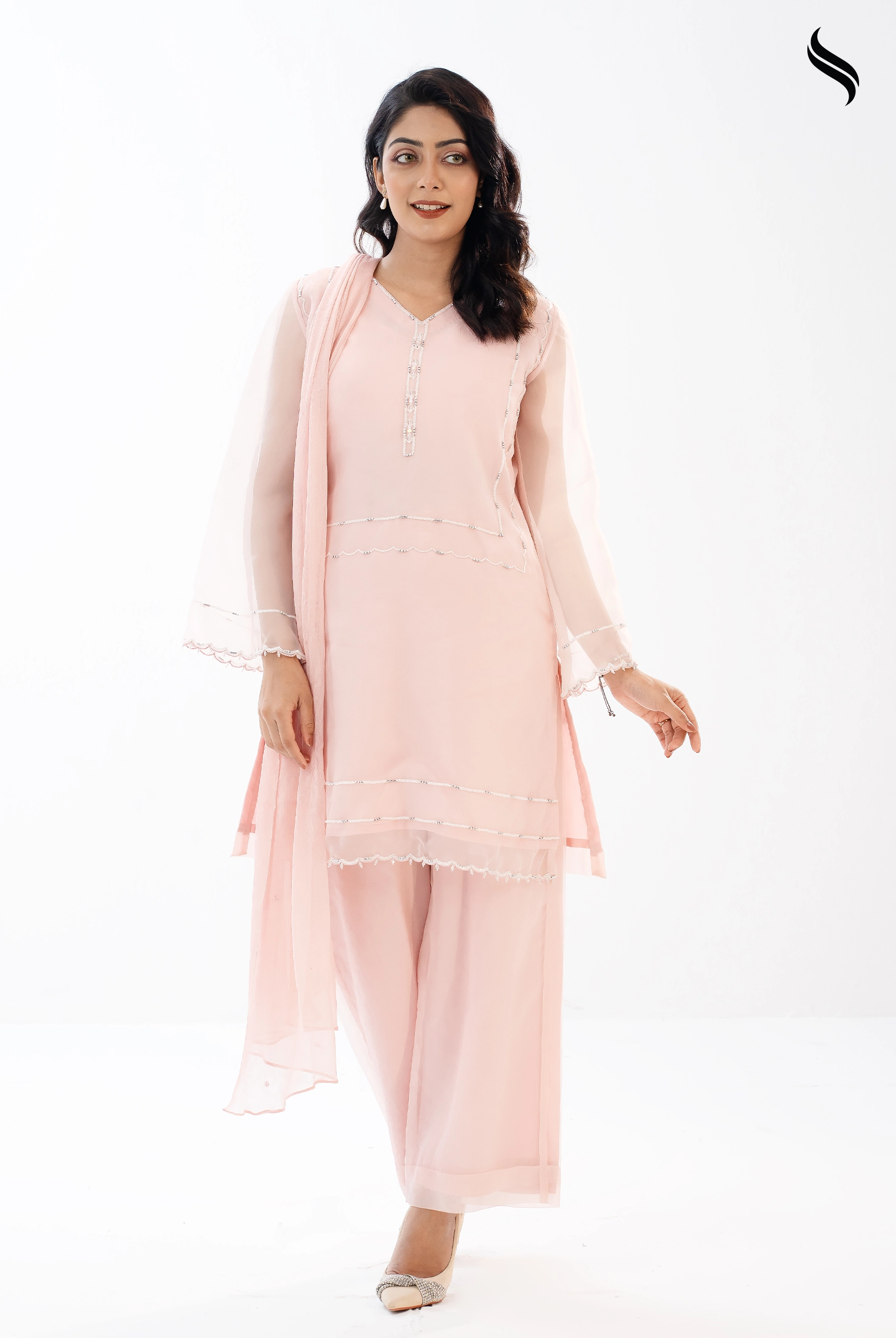 Baby Pink Karchupi Three Piece Set with Crystal & Katdana Work (Baby pink Color) 01