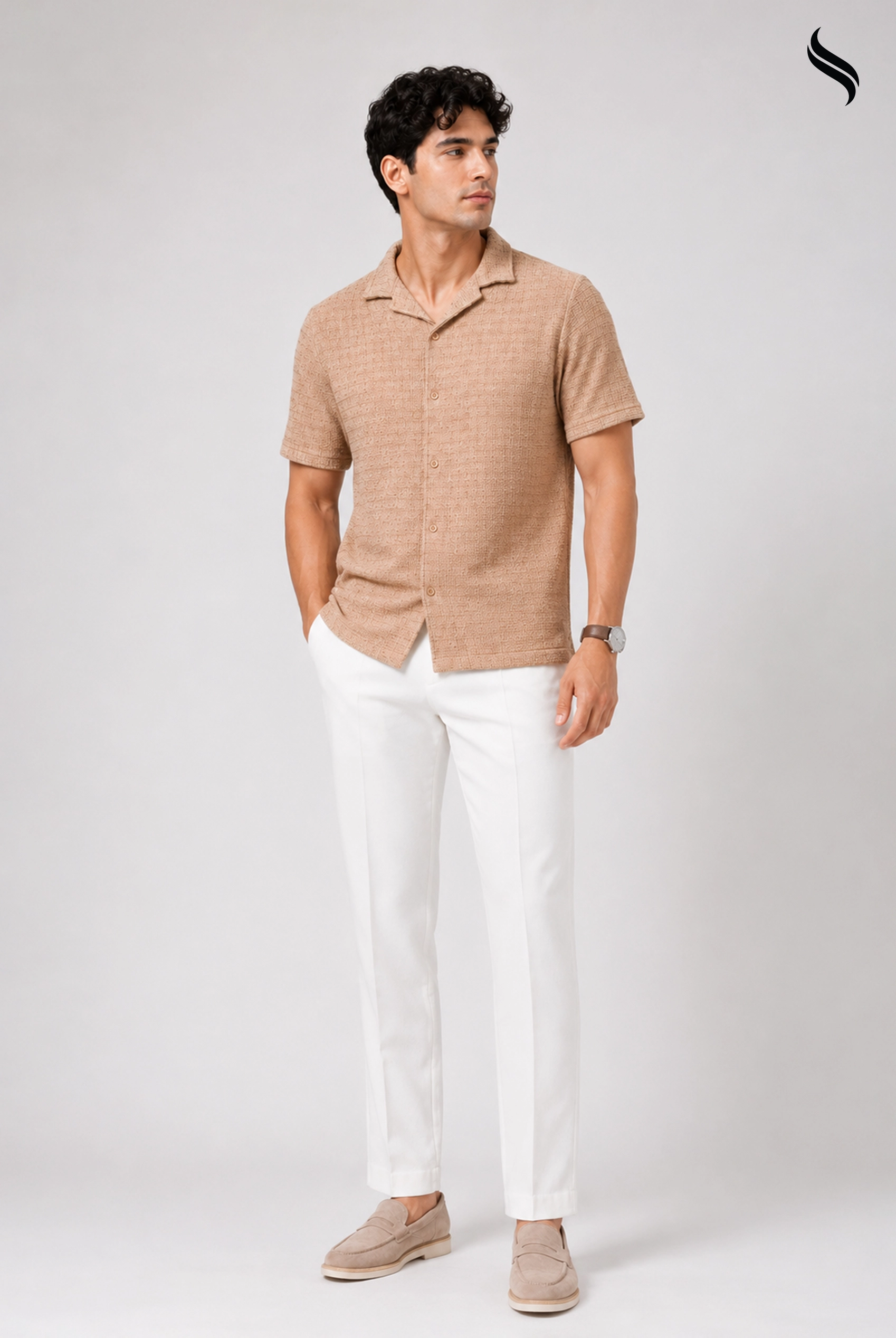 SEESHELL Men's Cuban Shirt Textured Cotton Basket Mocha (Mocha Color) 01