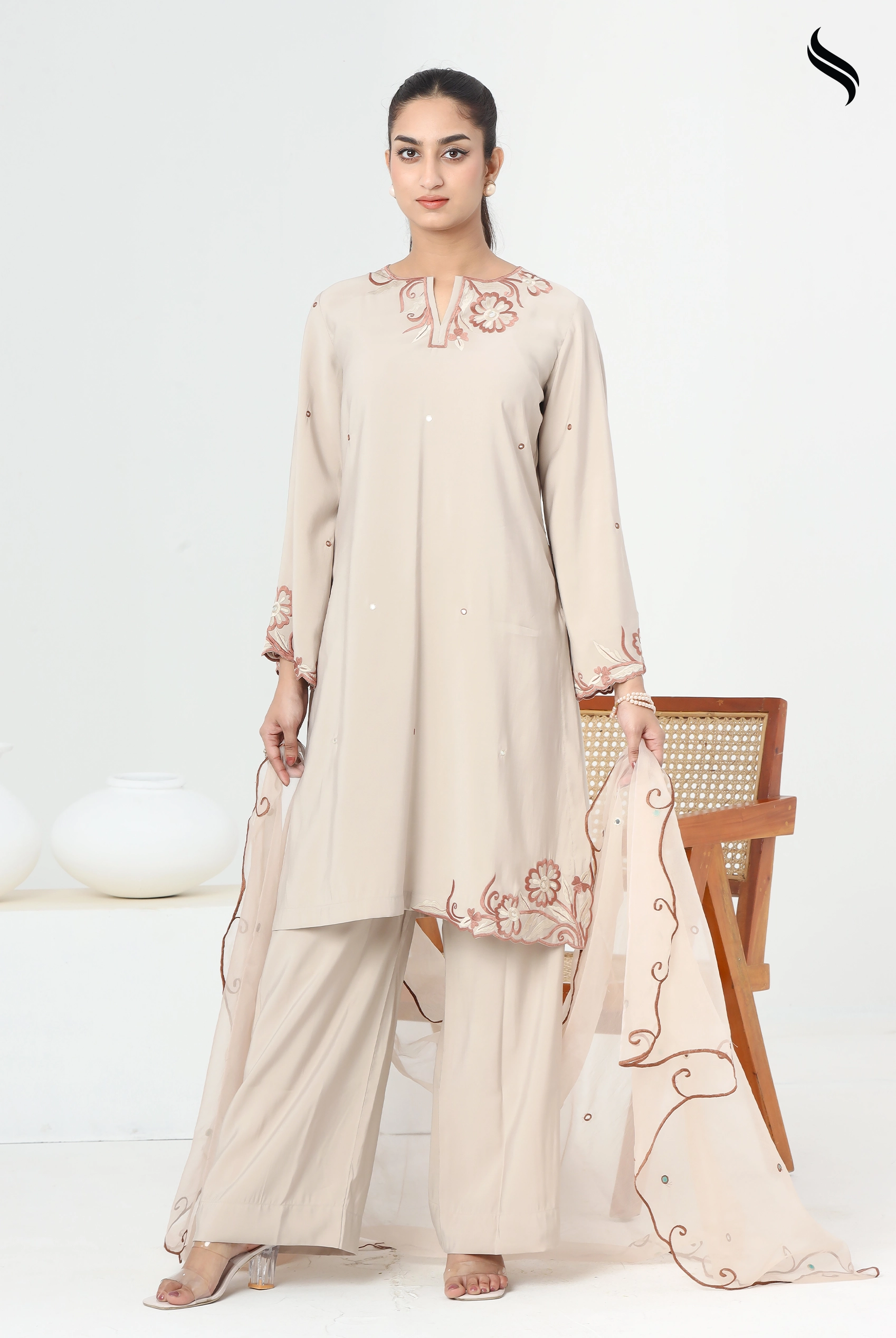 SEESHELL Women's Three Piece Silk Embroidery Muslin Beige (Beige Color) 01