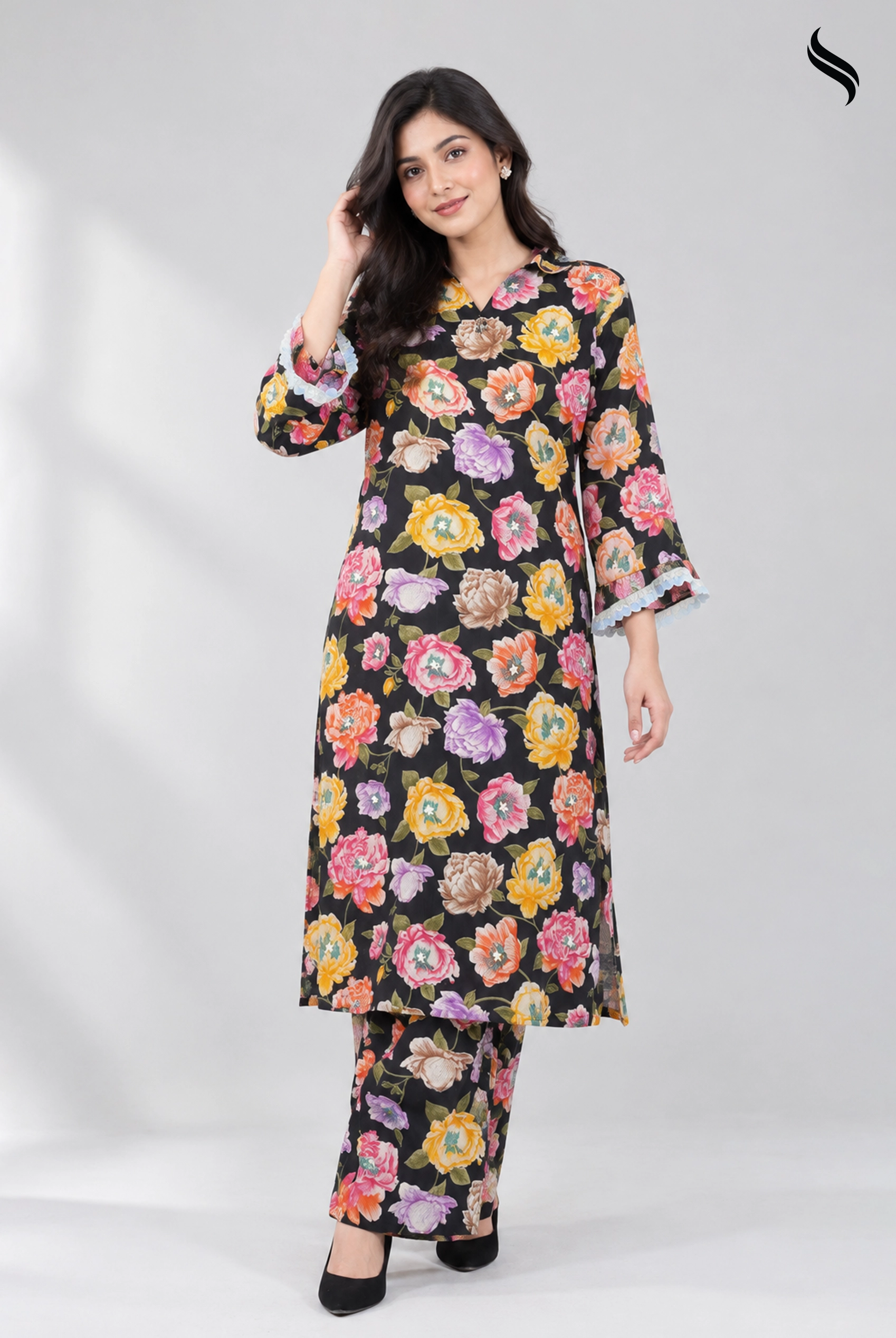 SEESHELL Women's Shirt Collar 2pcs Set Luxury Cotton (Black floral print large Color) 01