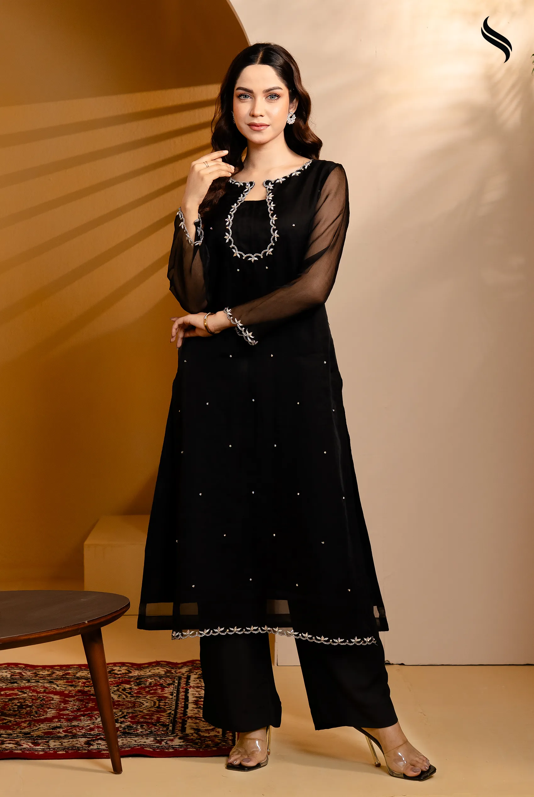 Black Karchupi 2 Piece Set with Neck and Border Work (Black Color) 01
